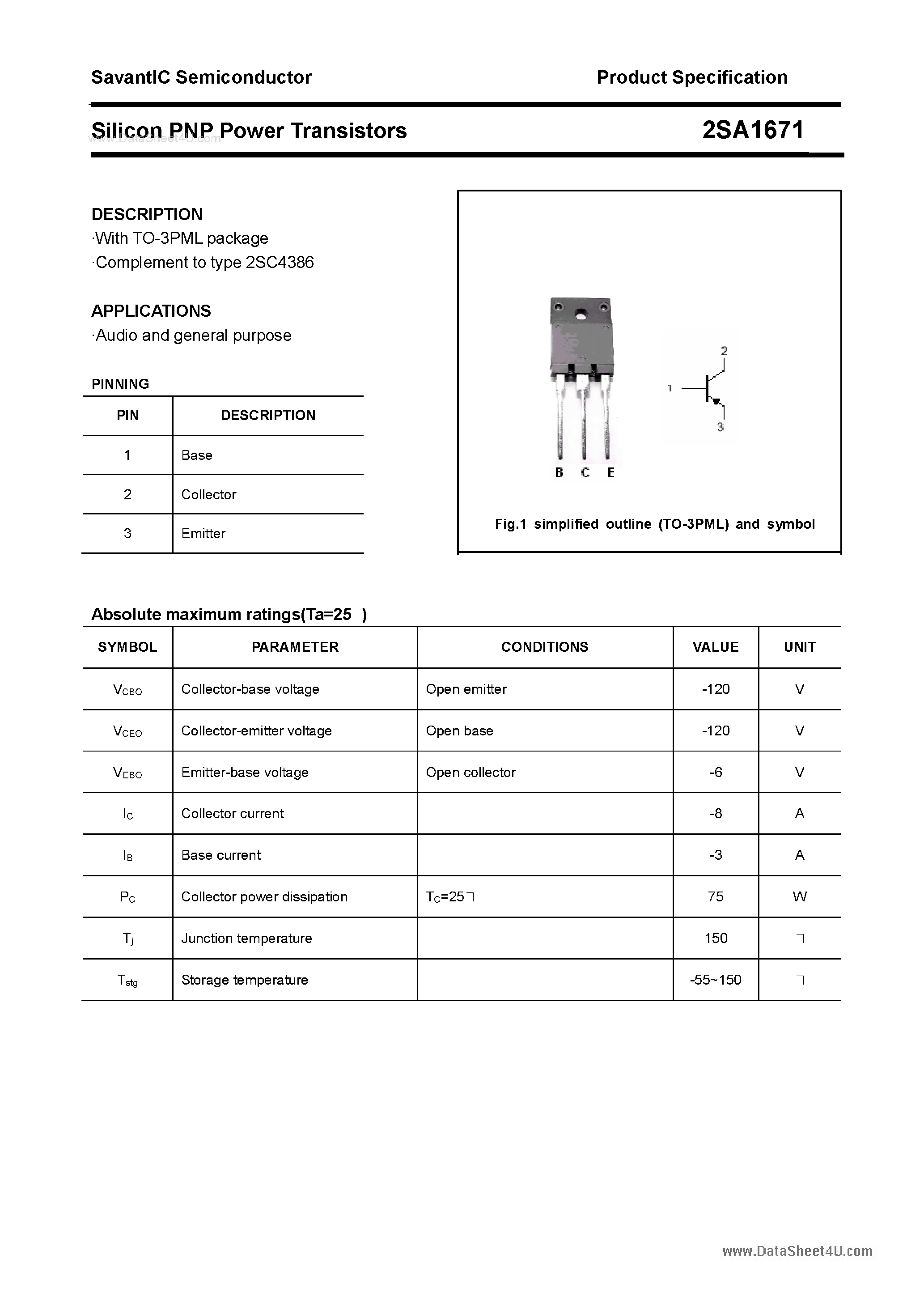 Datasheet 2SA1671 - SILICON POWER TRANSISTOR page 1