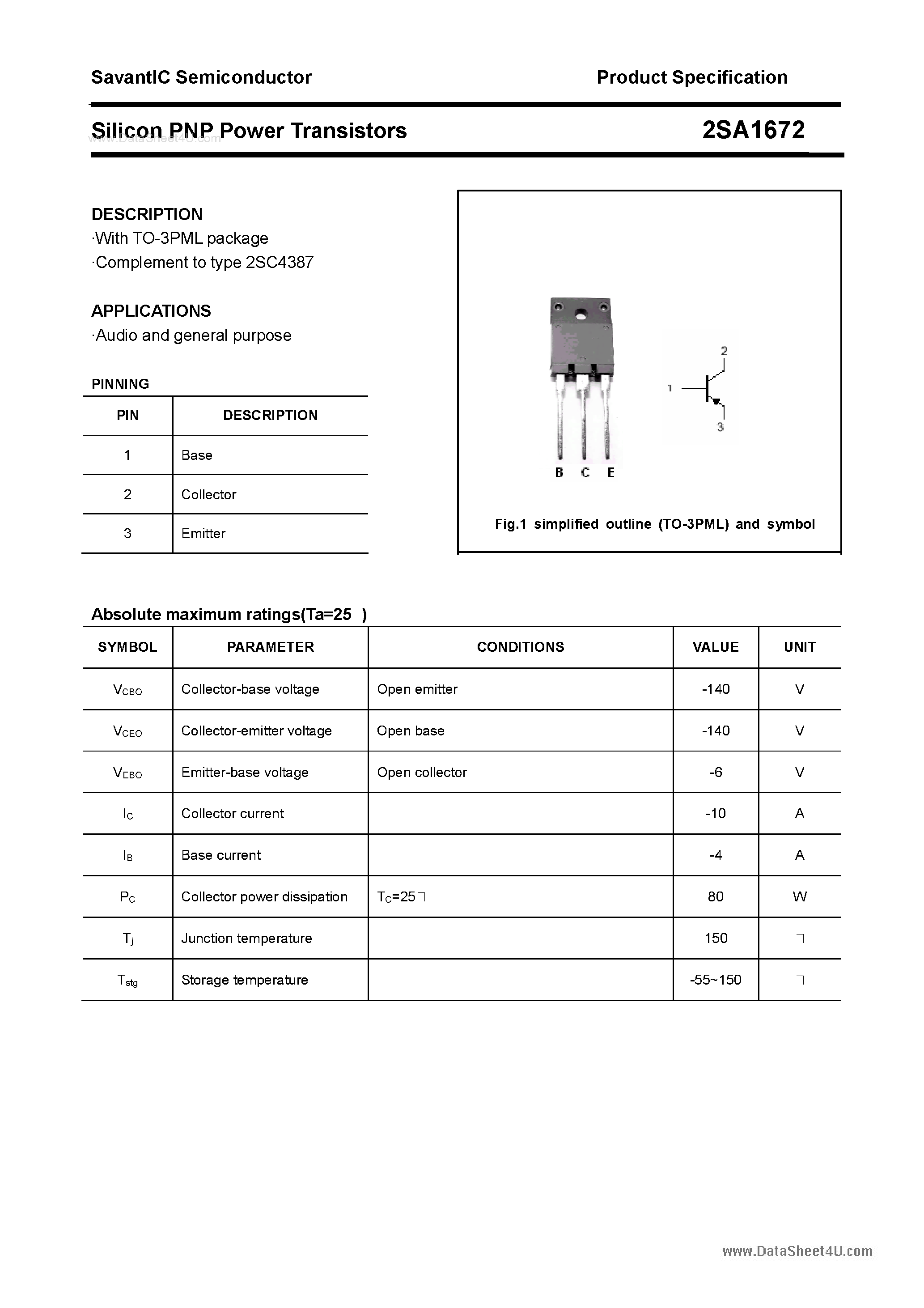Datasheet 2SA1672 - SILICON POWER TRANSISTOR page 1