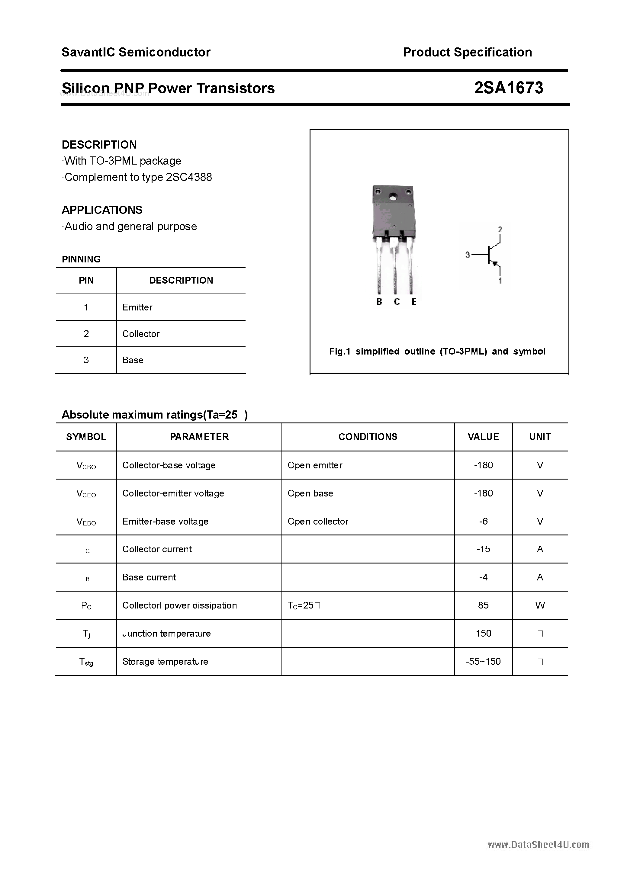 Datasheet 2SA1673 page 1 Datasheet 2SA1673 - SILICON POWER TRANSISTOR page 1