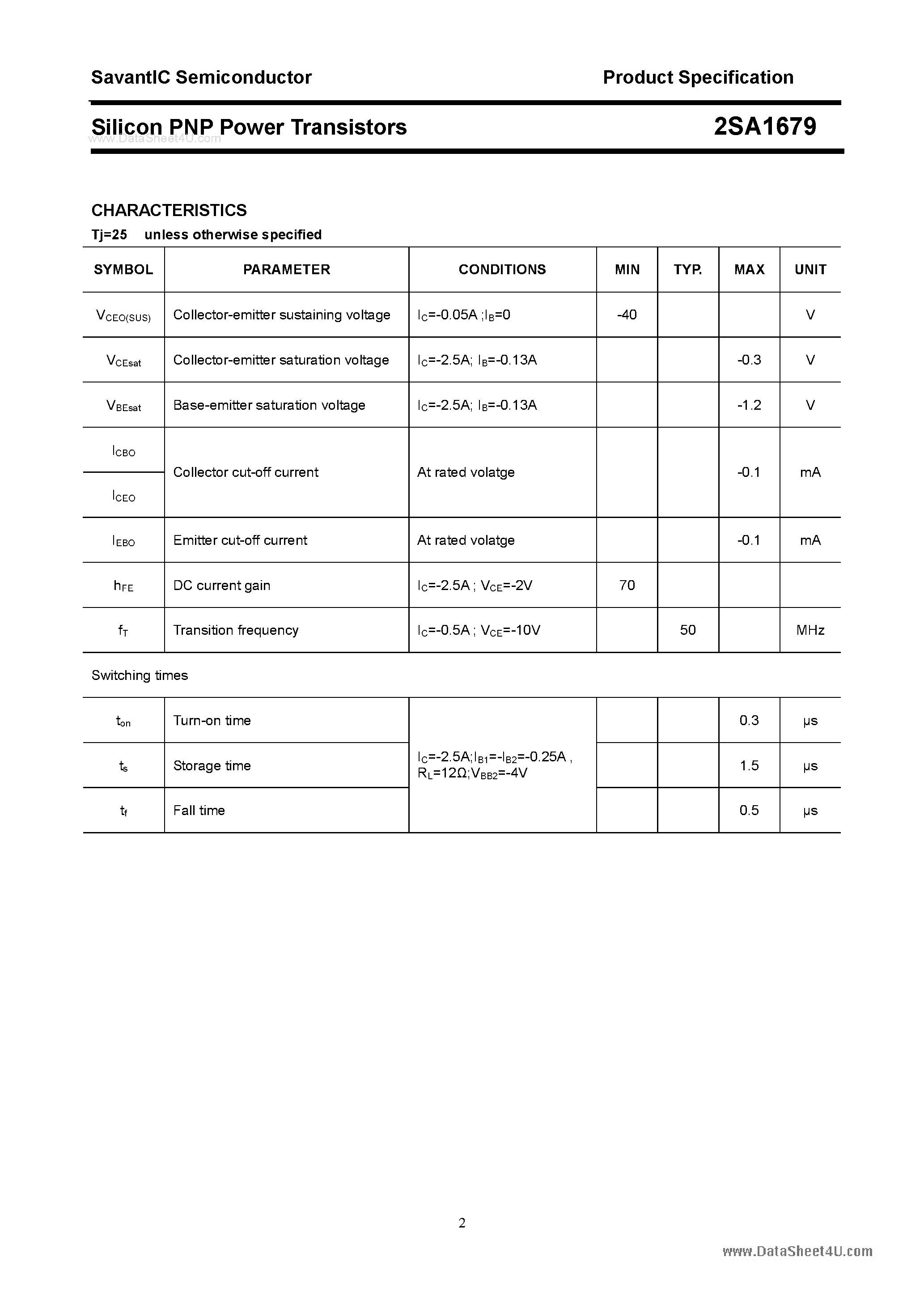 Datasheet 2SA1679 page 2 Datasheet 2SA1679 - SILICON POWER TRANSISTOR page 2