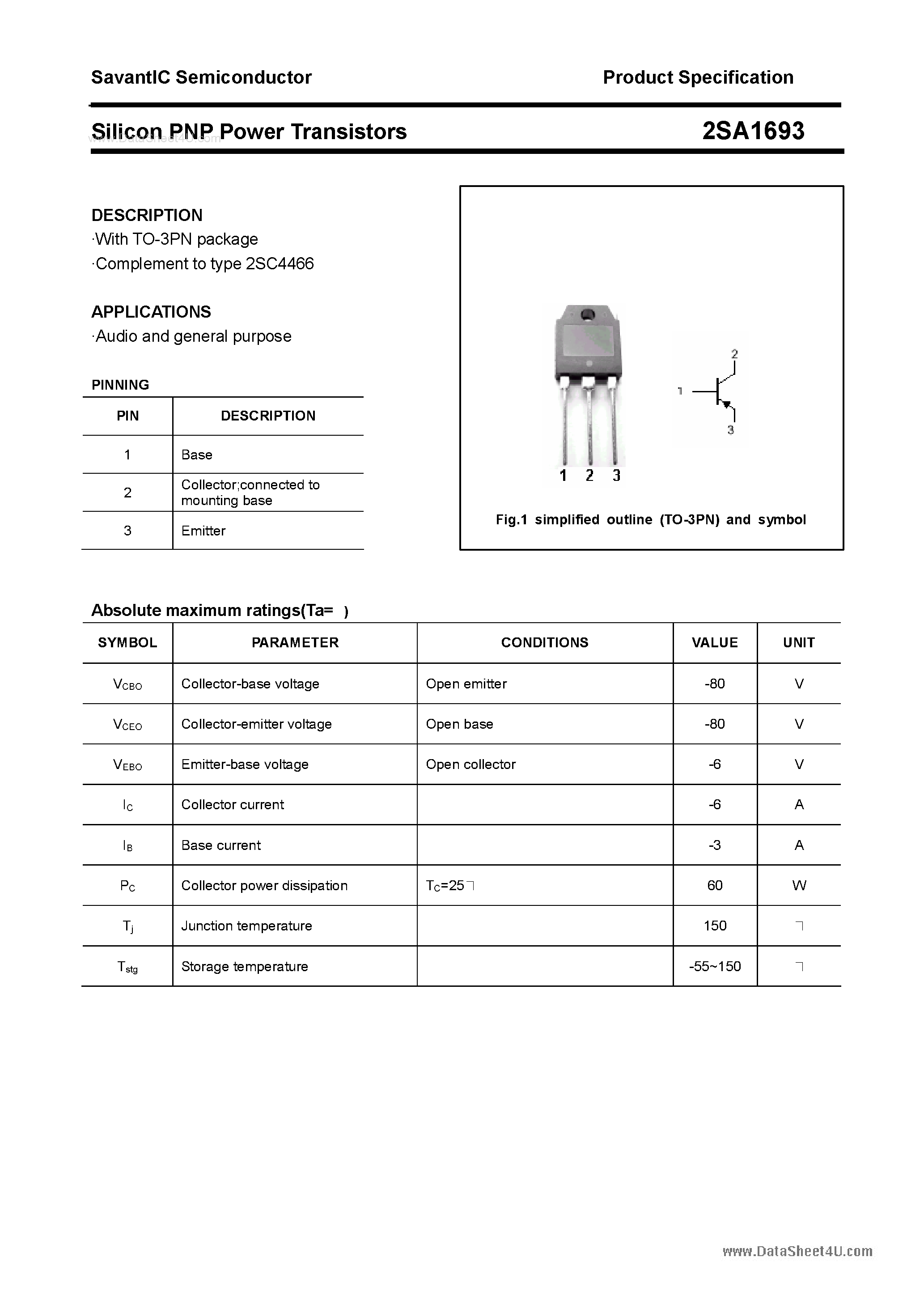 Datasheet 2SA1693 page 1 Datasheet 2SA1693 - SILICON POWER TRANSISTOR page 1