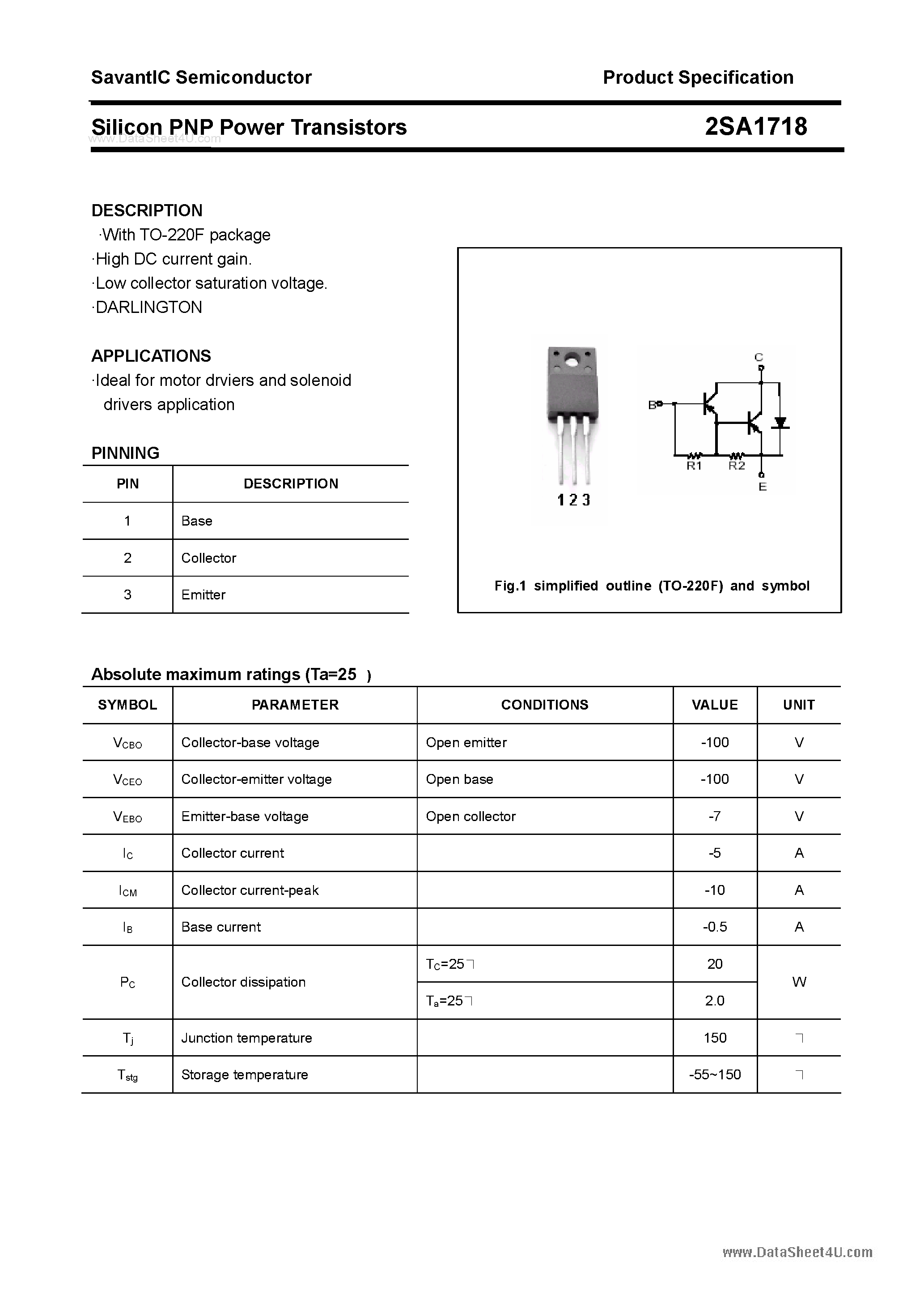 Datasheet 2SA1718 page 1 Datasheet 2SA1718 - SILICON POWER TRANSISTOR page 1