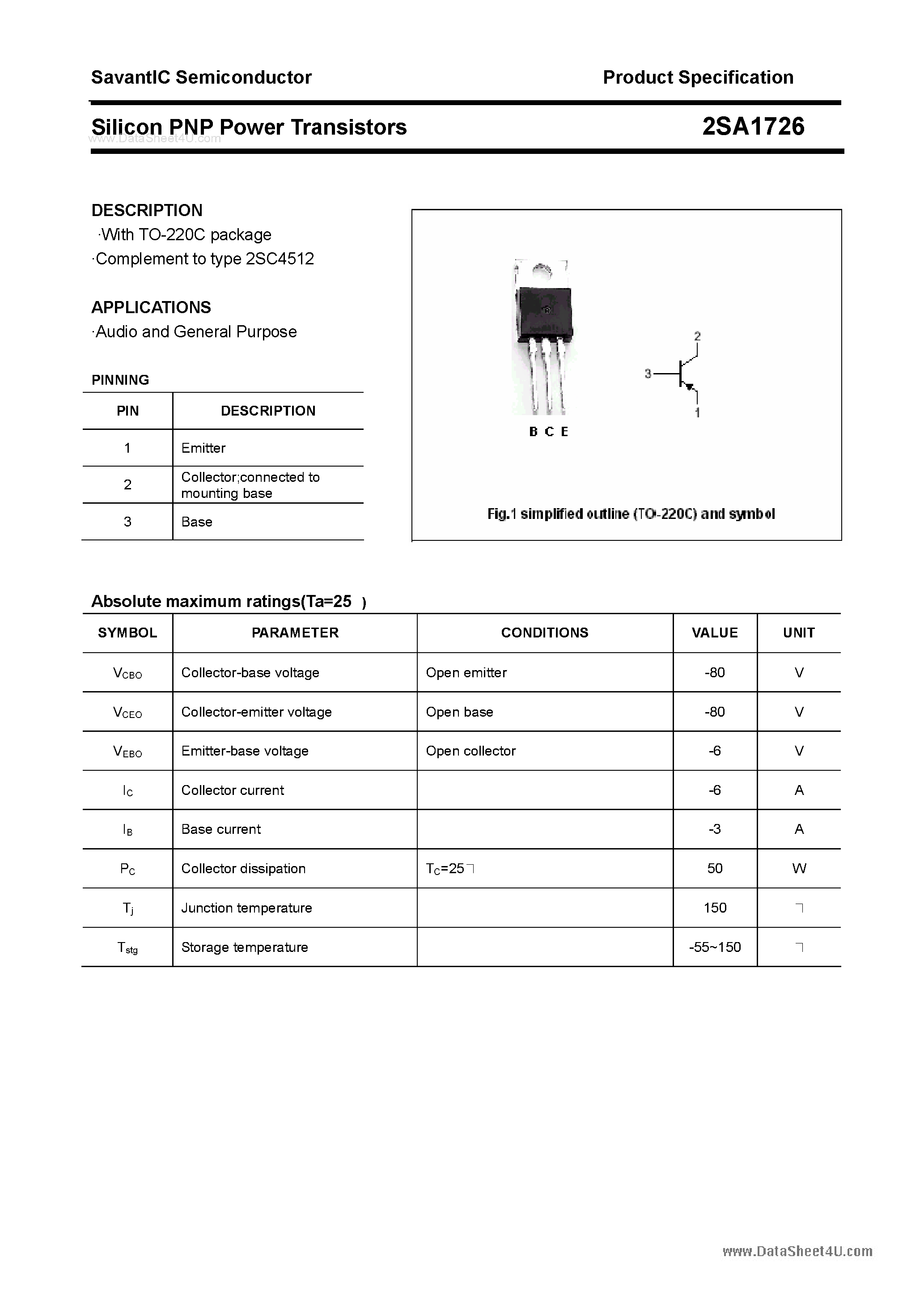 Datasheet 2SA1726 page 1 Datasheet 2SA1726 - SILICON POWER TRANSISTOR page 1