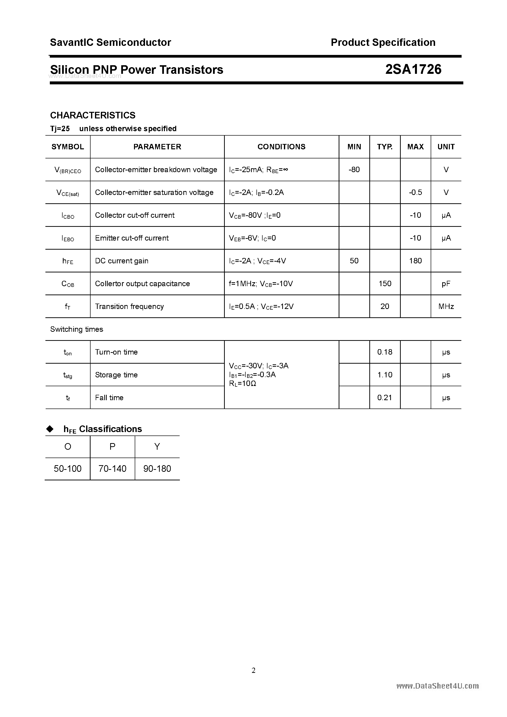 Datasheet 2SA1726 page 2 Datasheet 2SA1726 - SILICON POWER TRANSISTOR page 2