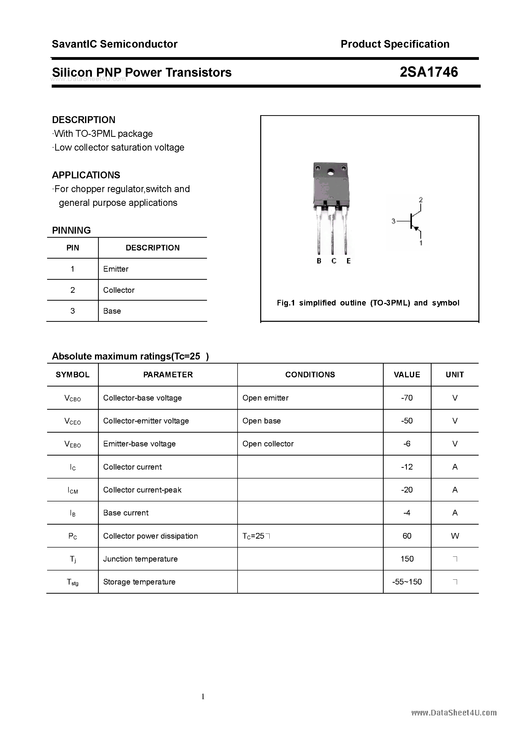 Datasheet 2SA1746 page 1 Datasheet 2SA1746 - SILICON POWER TRANSISTOR page 1