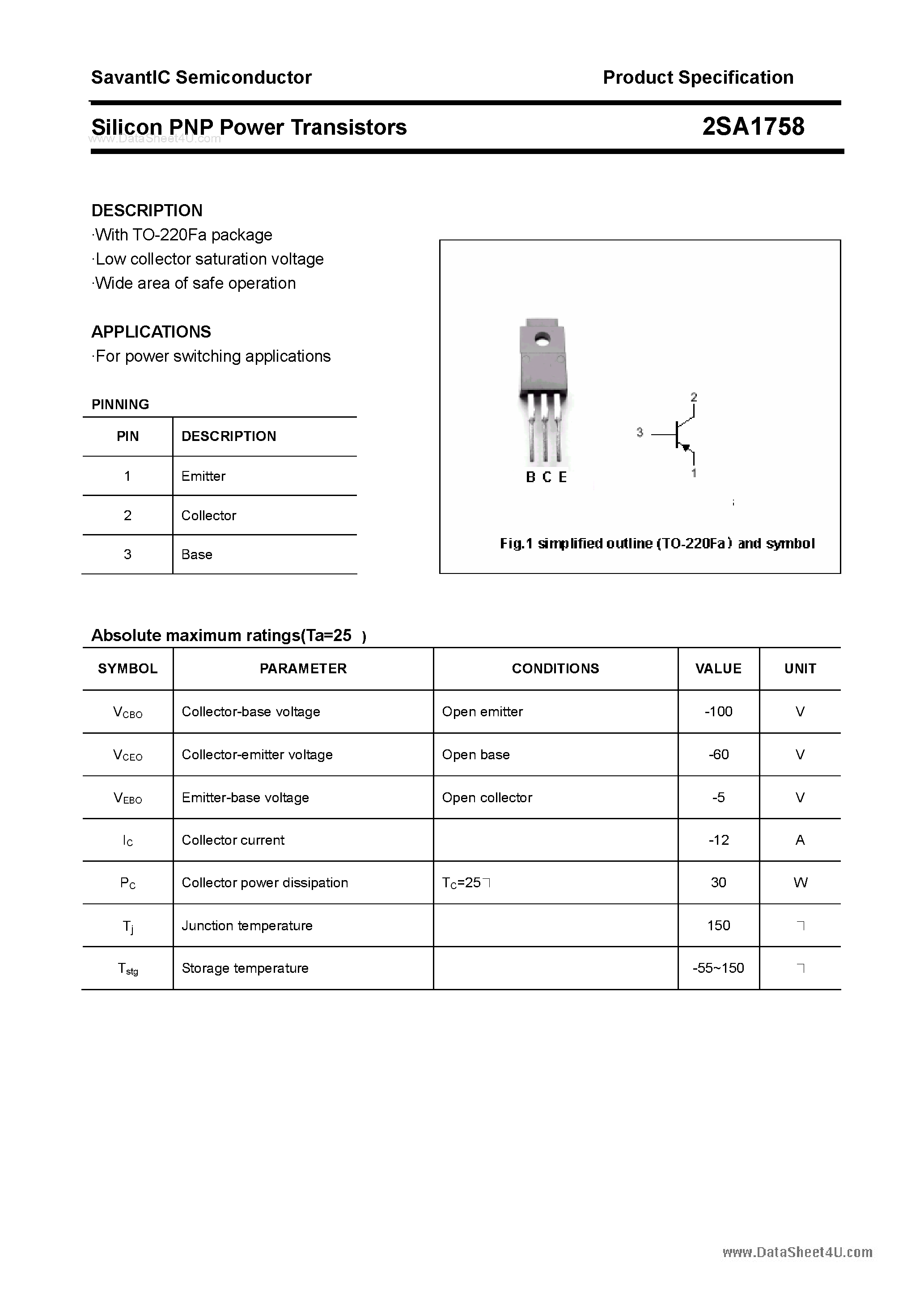 Datasheet 2SA1758 page 1 Datasheet 2SA1758 - SILICON POWER TRANSISTOR page 1