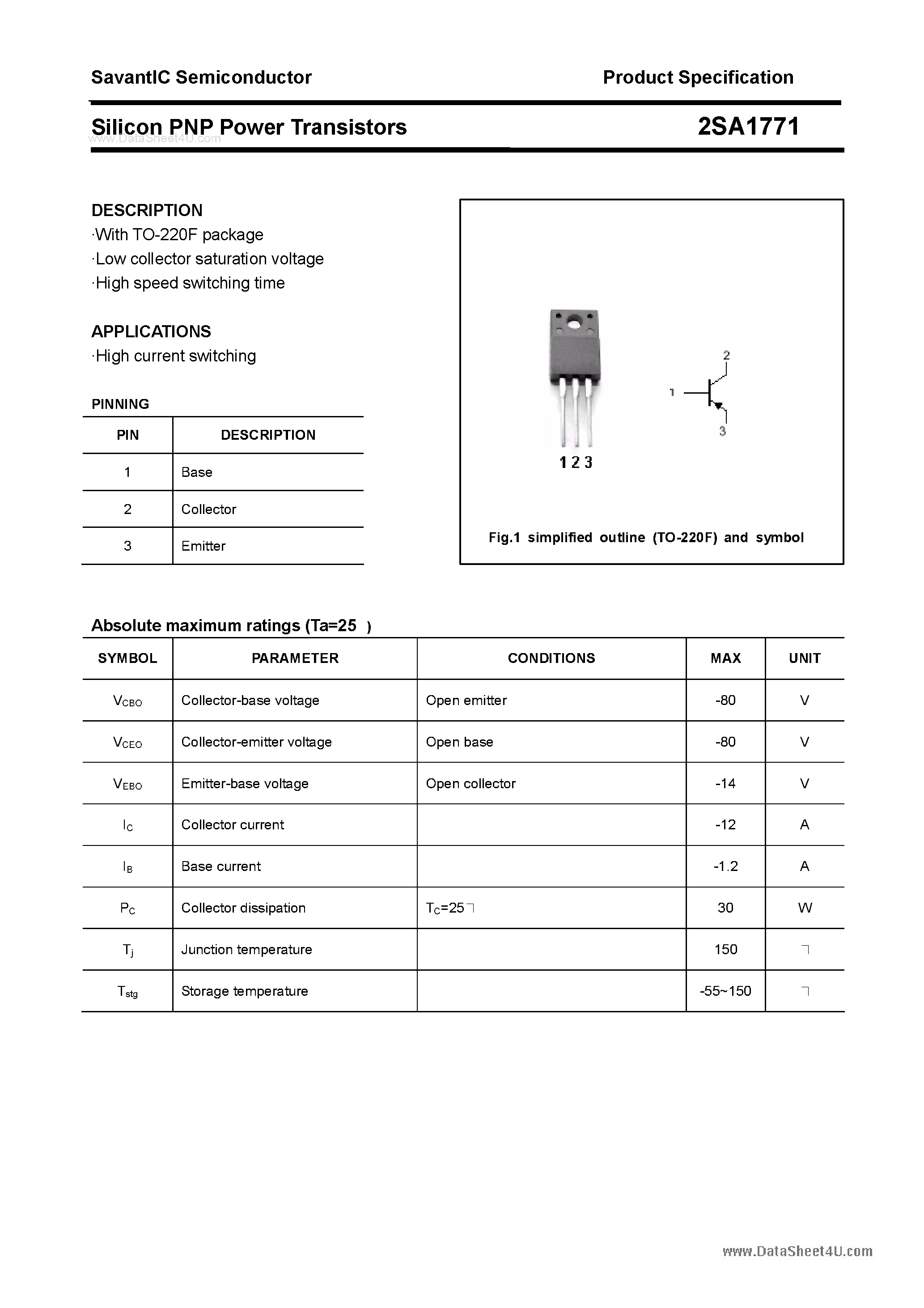 Datasheet 2SA1771 - SILICON POWER TRANSISTOR page 1