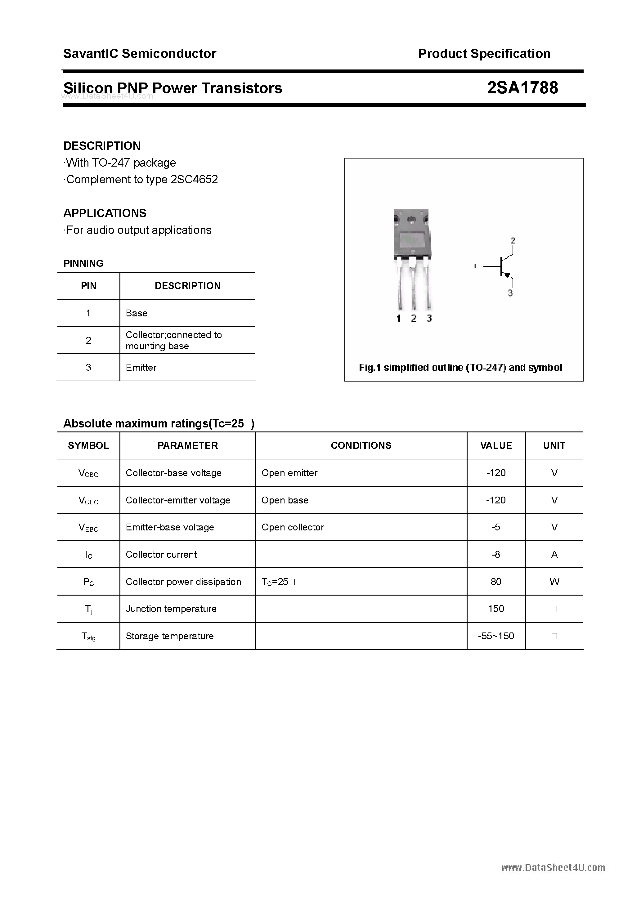 Datasheet 2SA1788 - SILICON POWER TRANSISTOR page 1