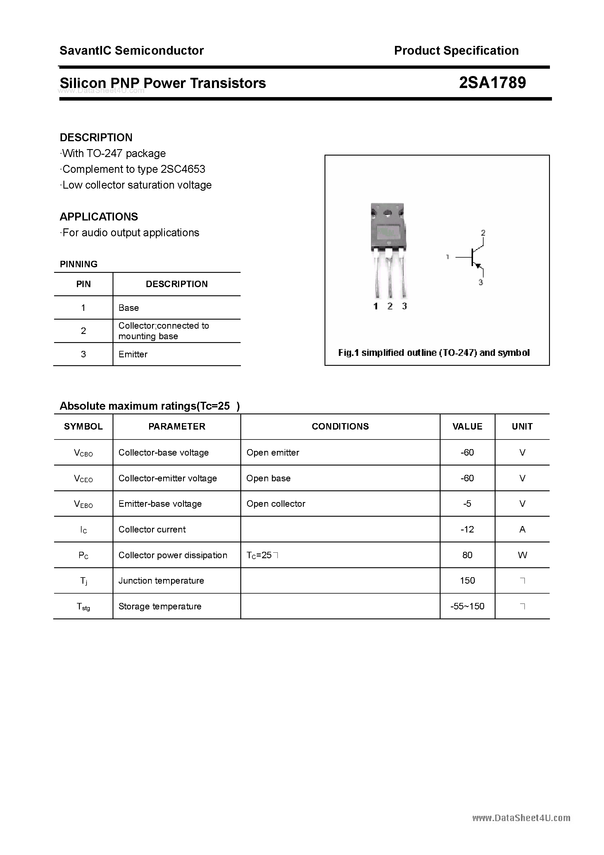 Datasheet 2SA1789 page 1 Datasheet 2SA1789 - SILICON POWER TRANSISTOR page 1