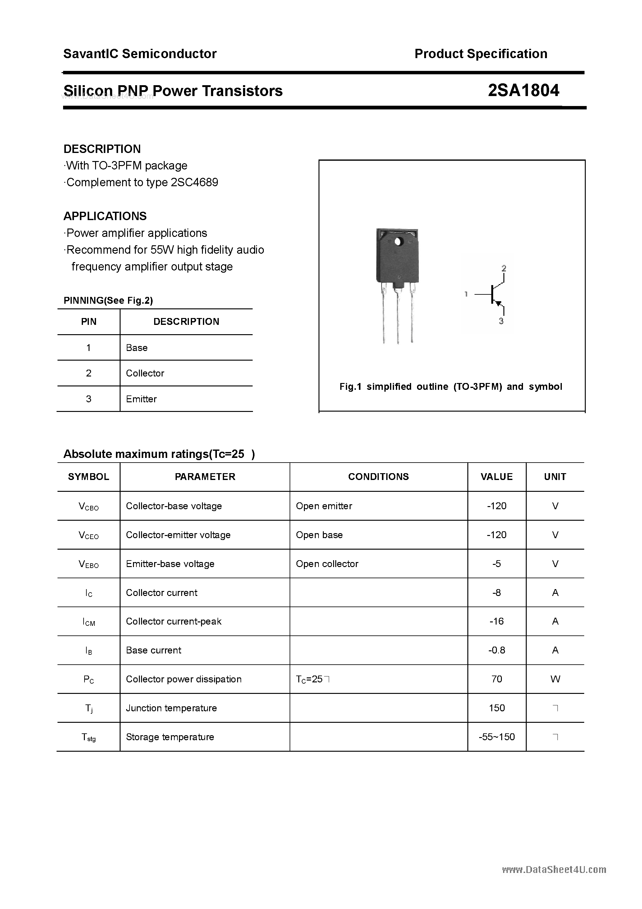 Datasheet 2SA1804 - SILICON POWER TRANSISTOR page 1