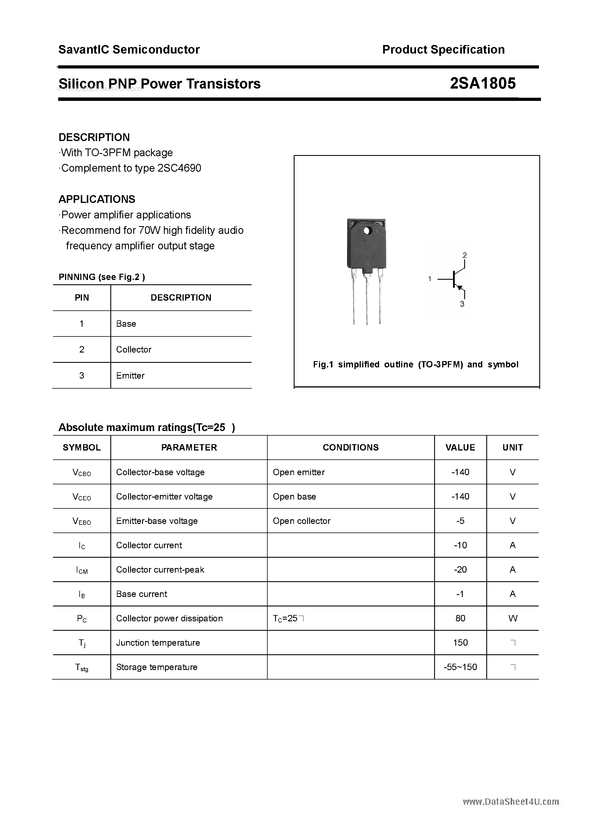 Datasheet 2SA1805 - SILICON POWER TRANSISTOR page 1