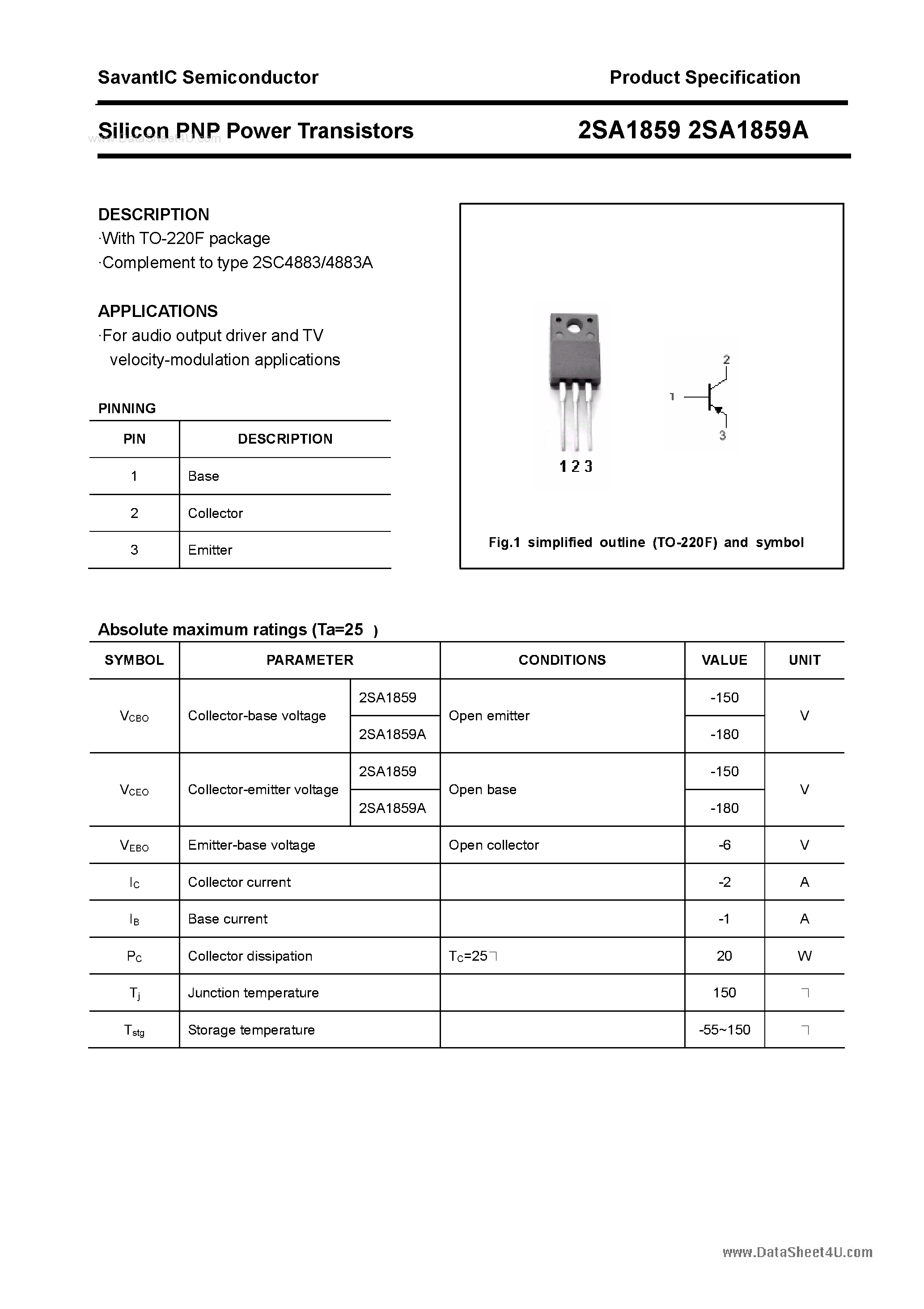 Datasheet 2SA1859 - SILICON POWER TRANSISTOR page 1