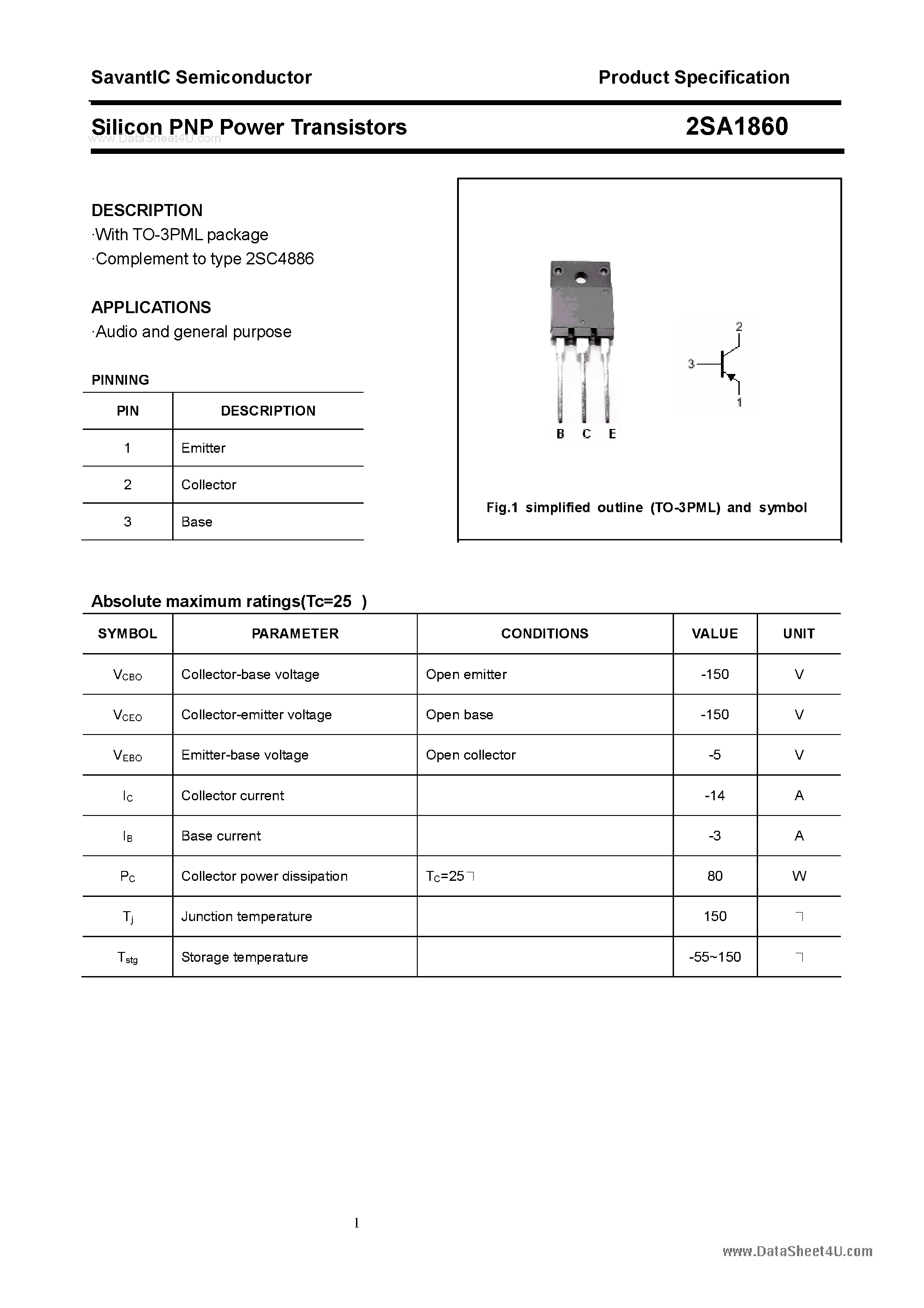 Datasheet 2SA1860 - SILICON POWER TRANSISTOR page 1