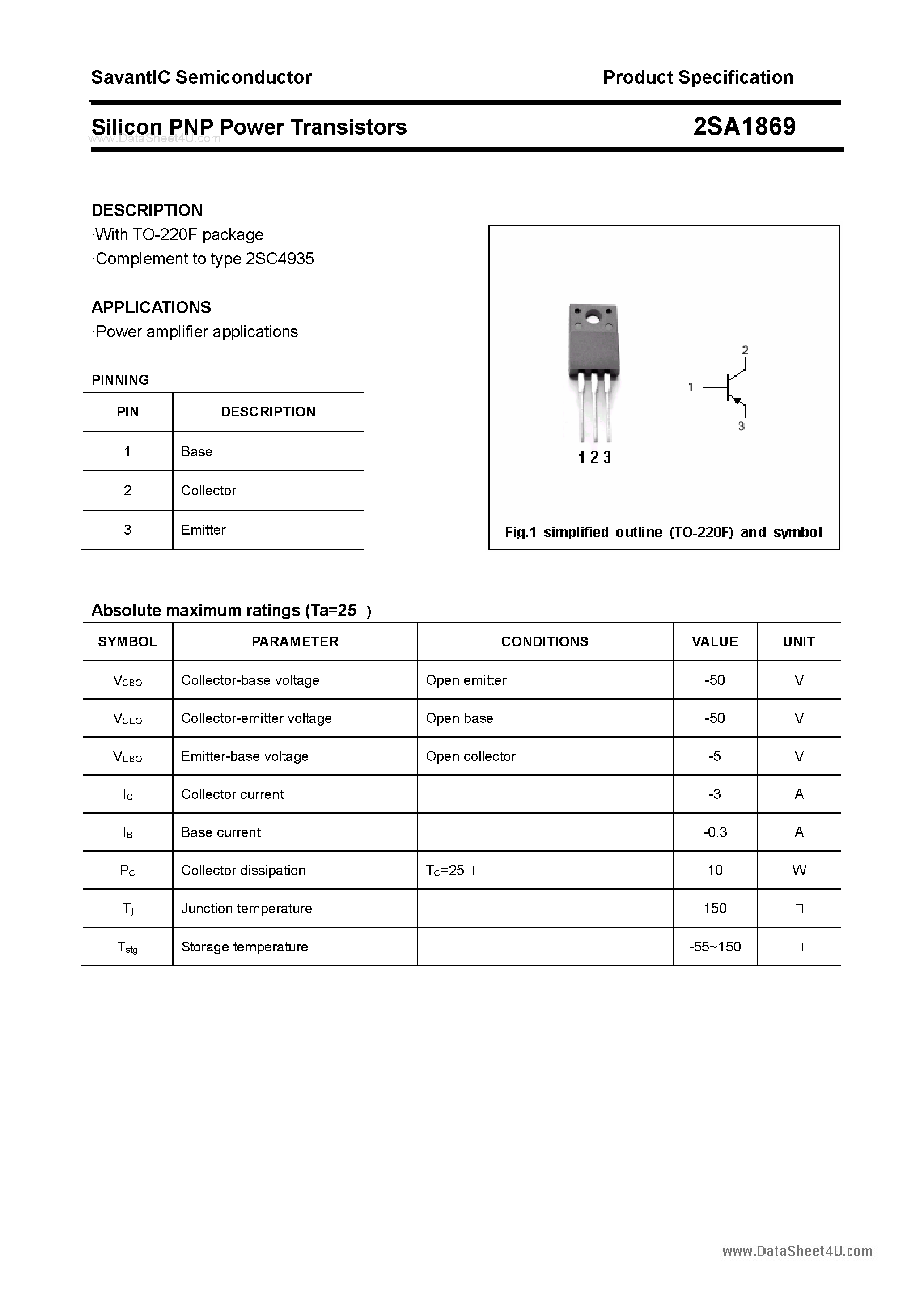 Datasheet 2SA1869 - SILICON POWER TRANSISTOR page 1