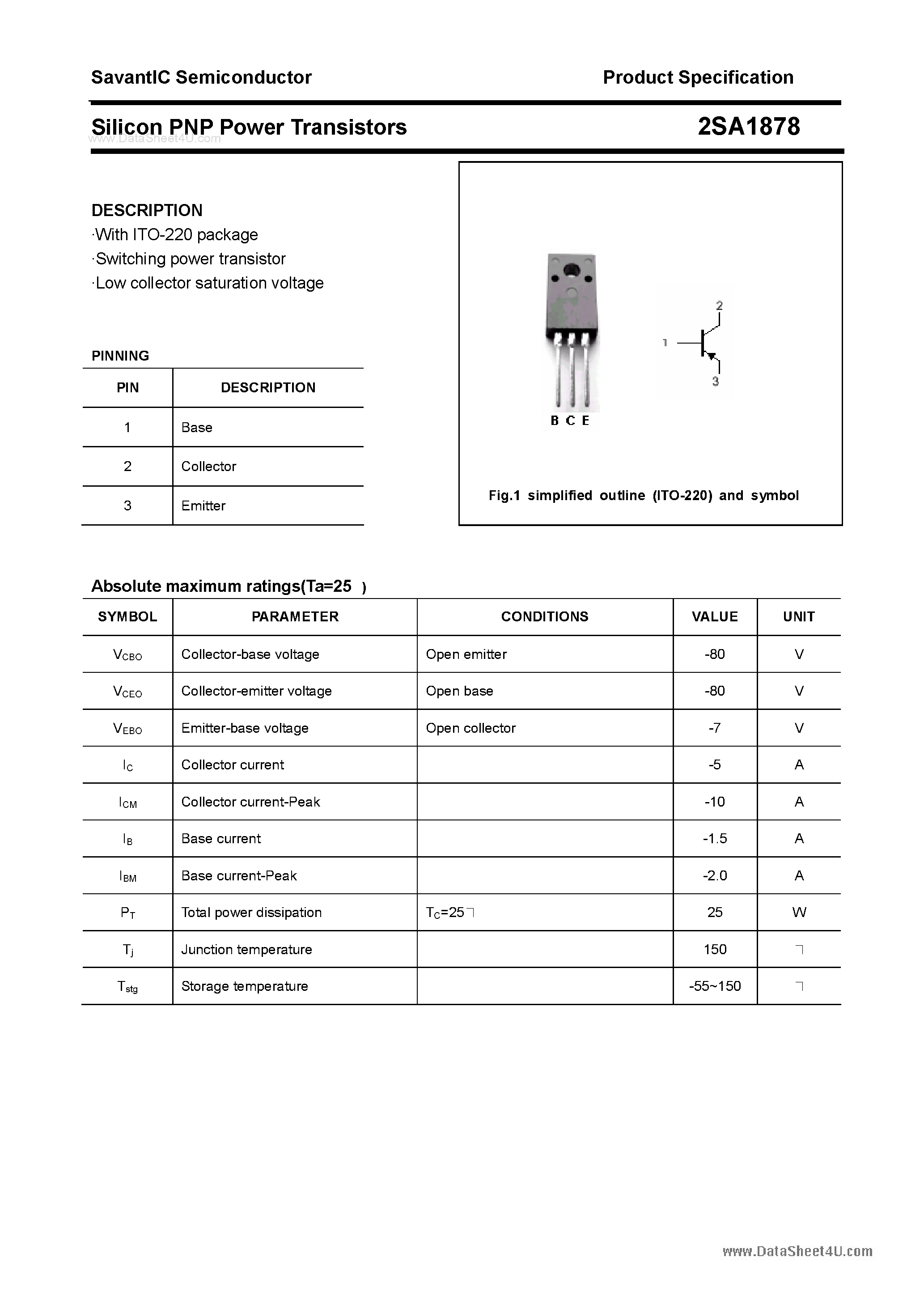Datasheet 2SA1878 page 1 Datasheet 2SA1878 - SILICON POWER TRANSISTOR page 1
