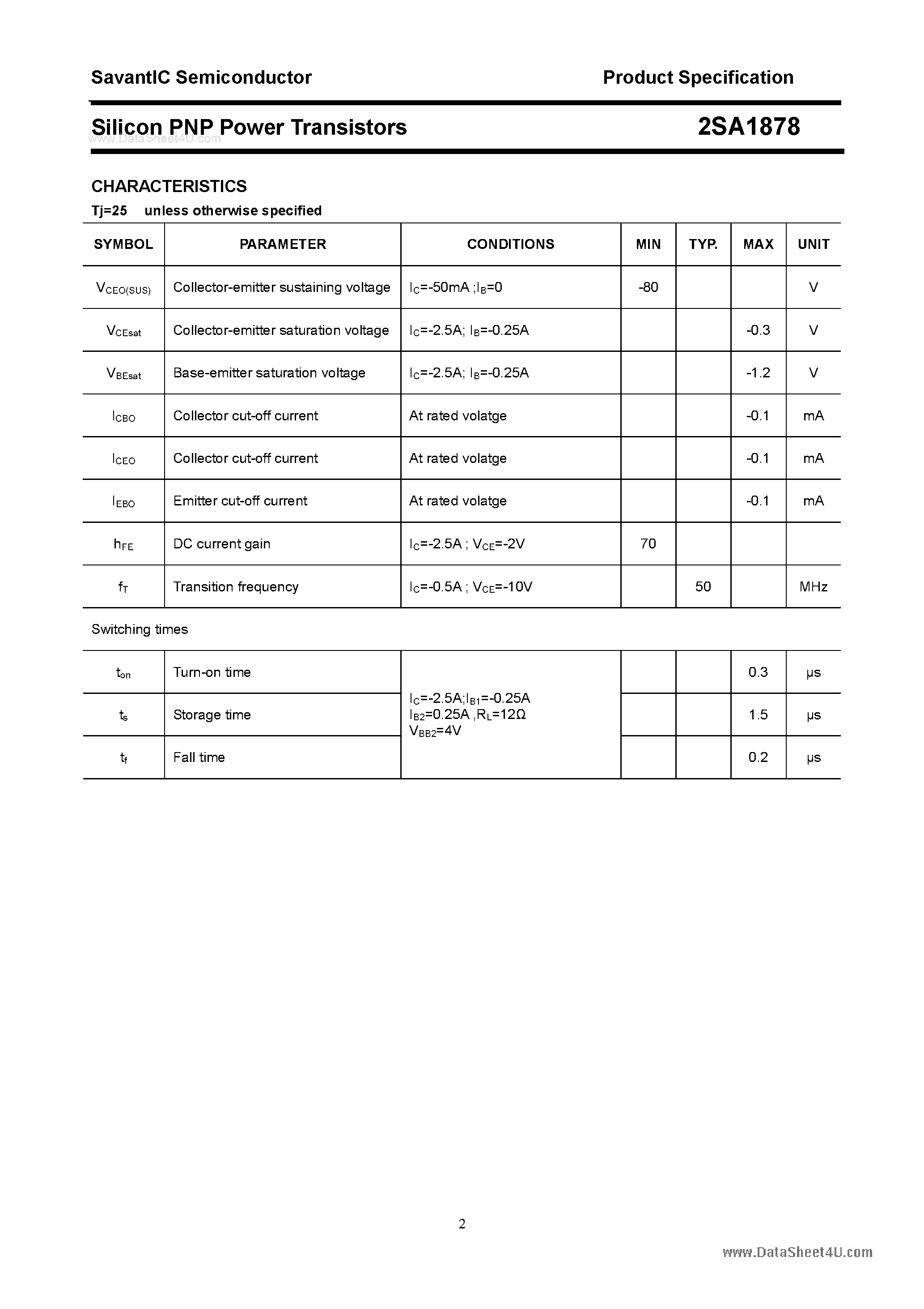 Datasheet 2SA1878 page 2 Datasheet 2SA1878 - SILICON POWER TRANSISTOR page 2