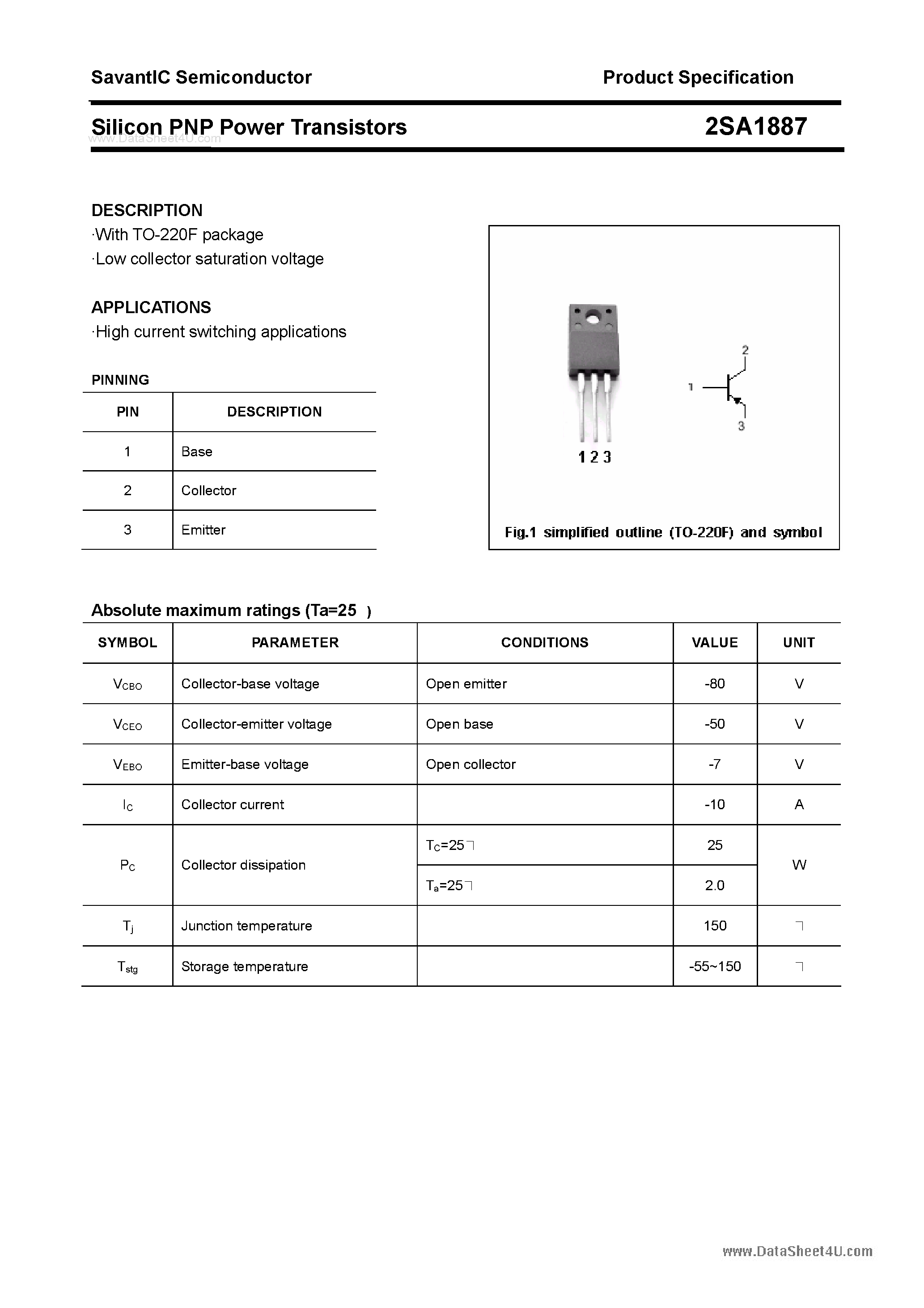 Datasheet 2SA1887 - SILICON POWER TRANSISTOR page 1