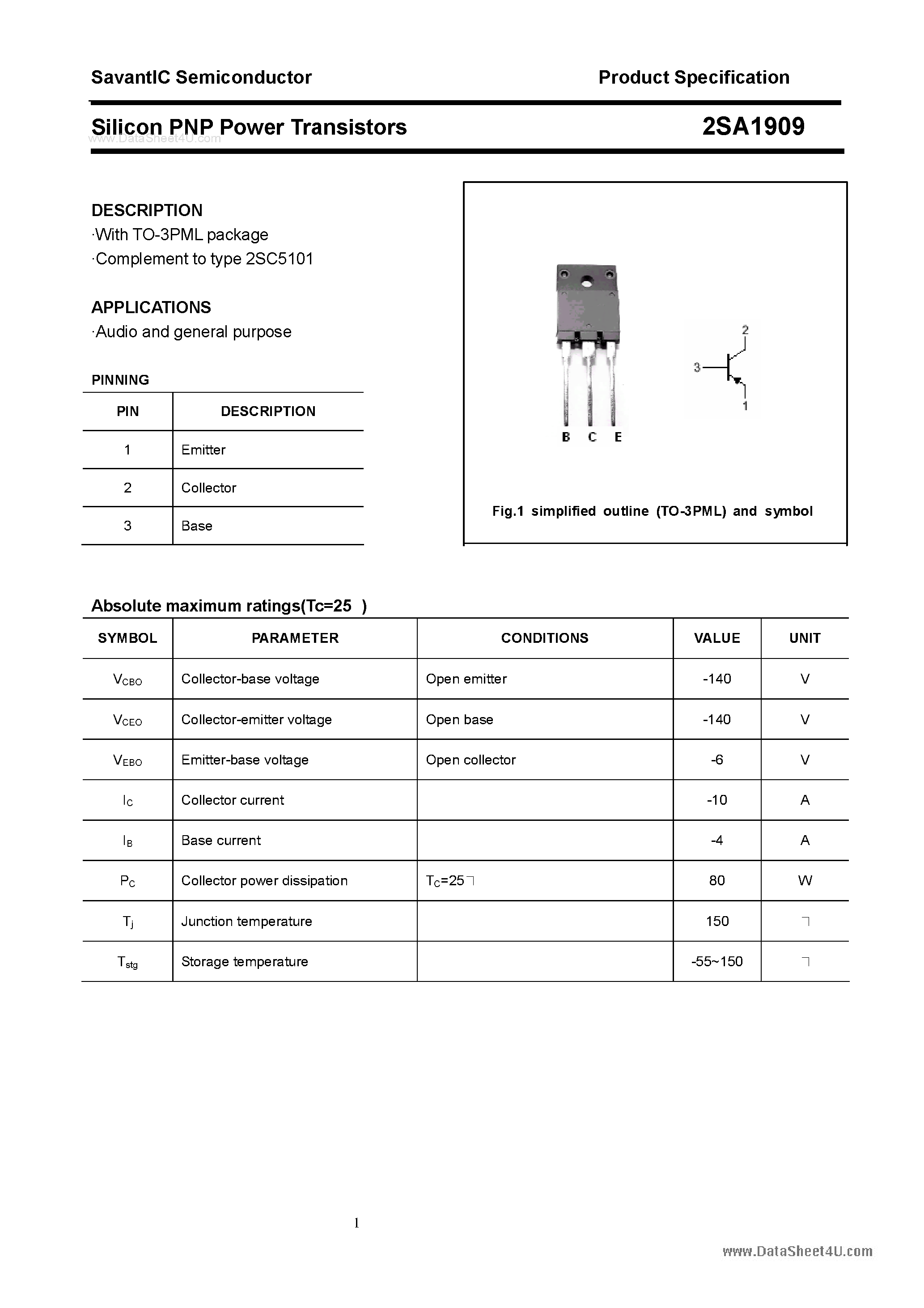 Datasheet 2SA1909 - SILICON POWER TRANSISTOR page 1