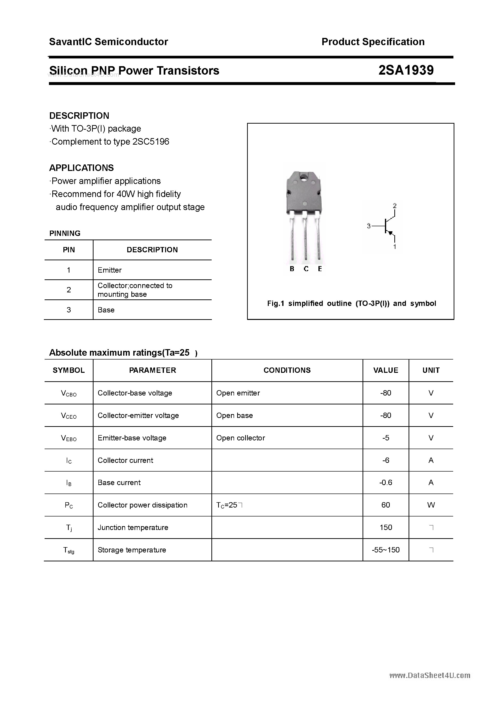Datasheet 2SA1939 - SILICON POWER TRANSISTOR page 1