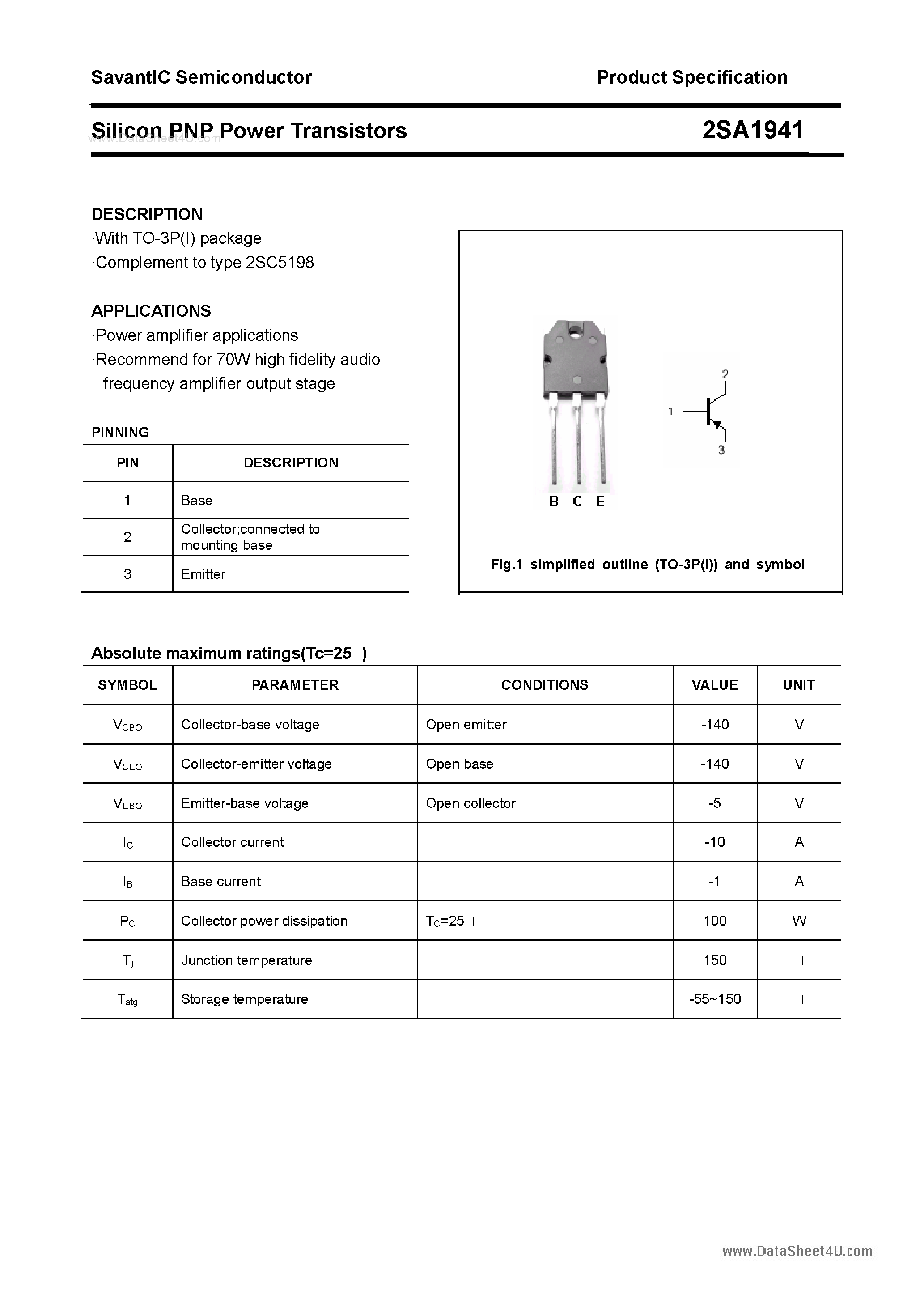 Datasheet 2SA1941 - SILICON POWER TRANSISTOR page 1