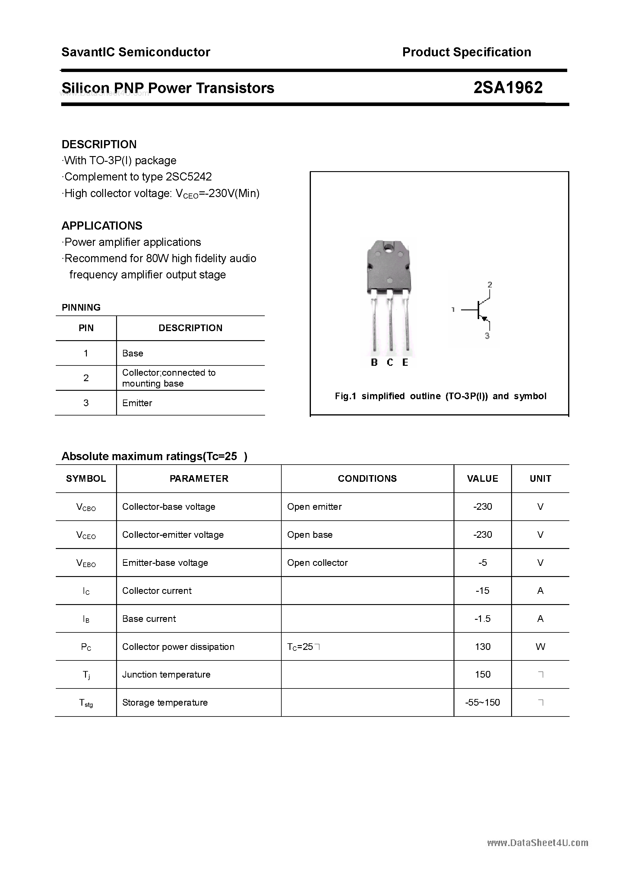 Datasheet 2SA1962 - SILICON POWER TRANSISTOR page 1