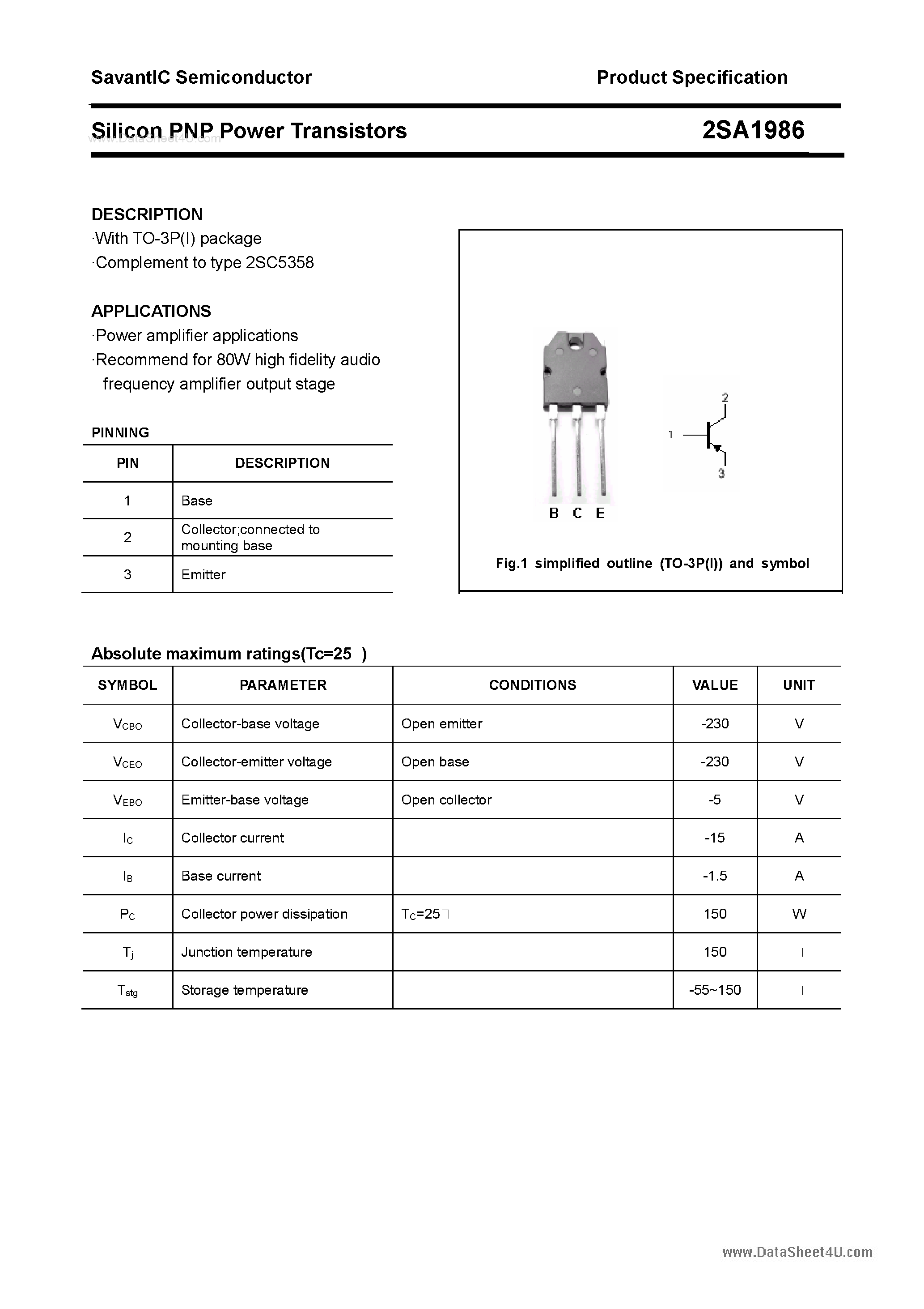 Datasheet 2SA1986 page 1 Datasheet 2SA1986 - SILICON POWER TRANSISTOR page 1