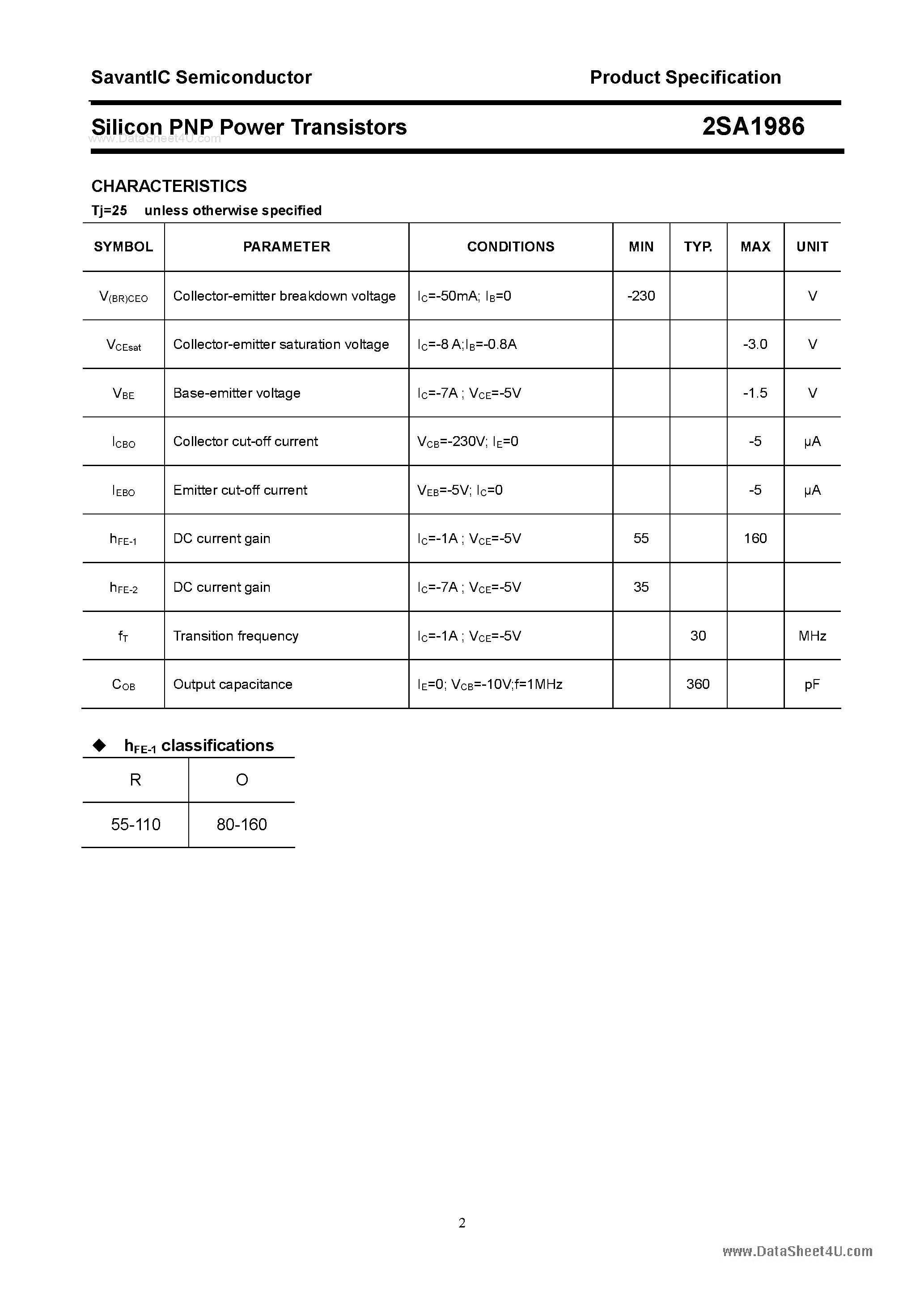 Datasheet 2SA1986 page 2 Datasheet 2SA1986 - SILICON POWER TRANSISTOR page 2