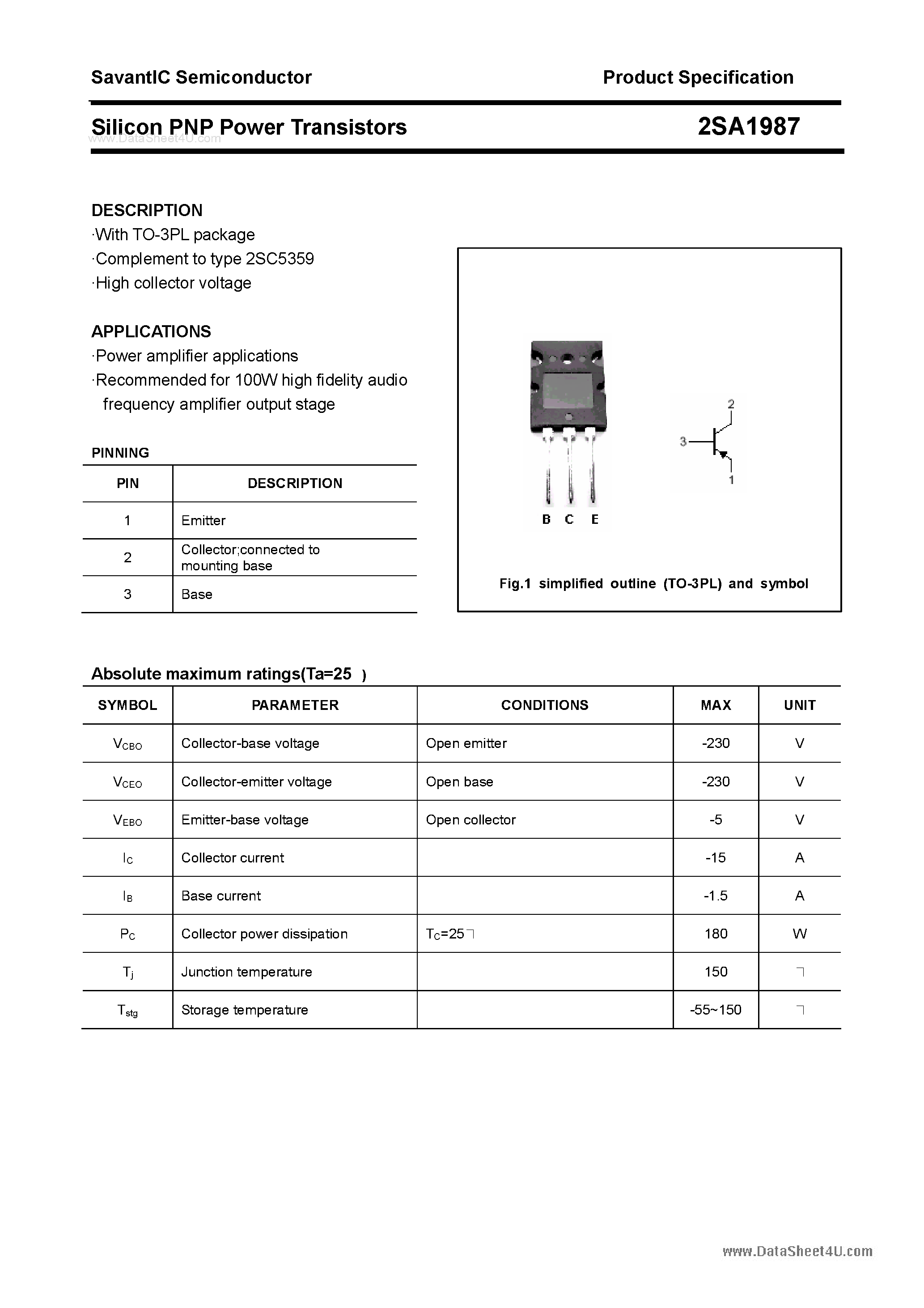 Datasheet 2SA1987 page 1 Datasheet 2SA1987 - SILICON POWER TRANSISTOR page 1