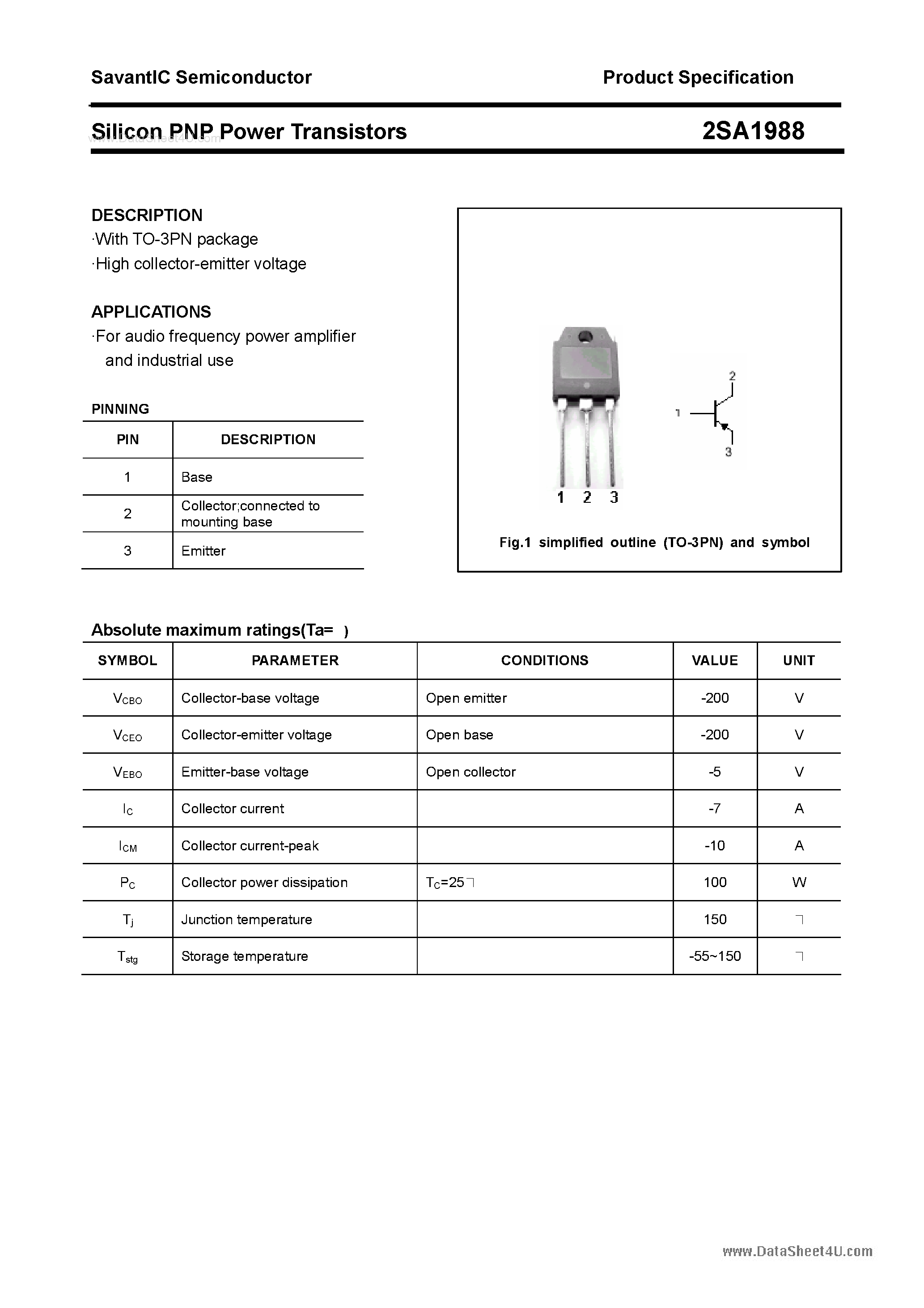 Datasheet 2SA1988 - SILICON POWER TRANSISTOR page 1