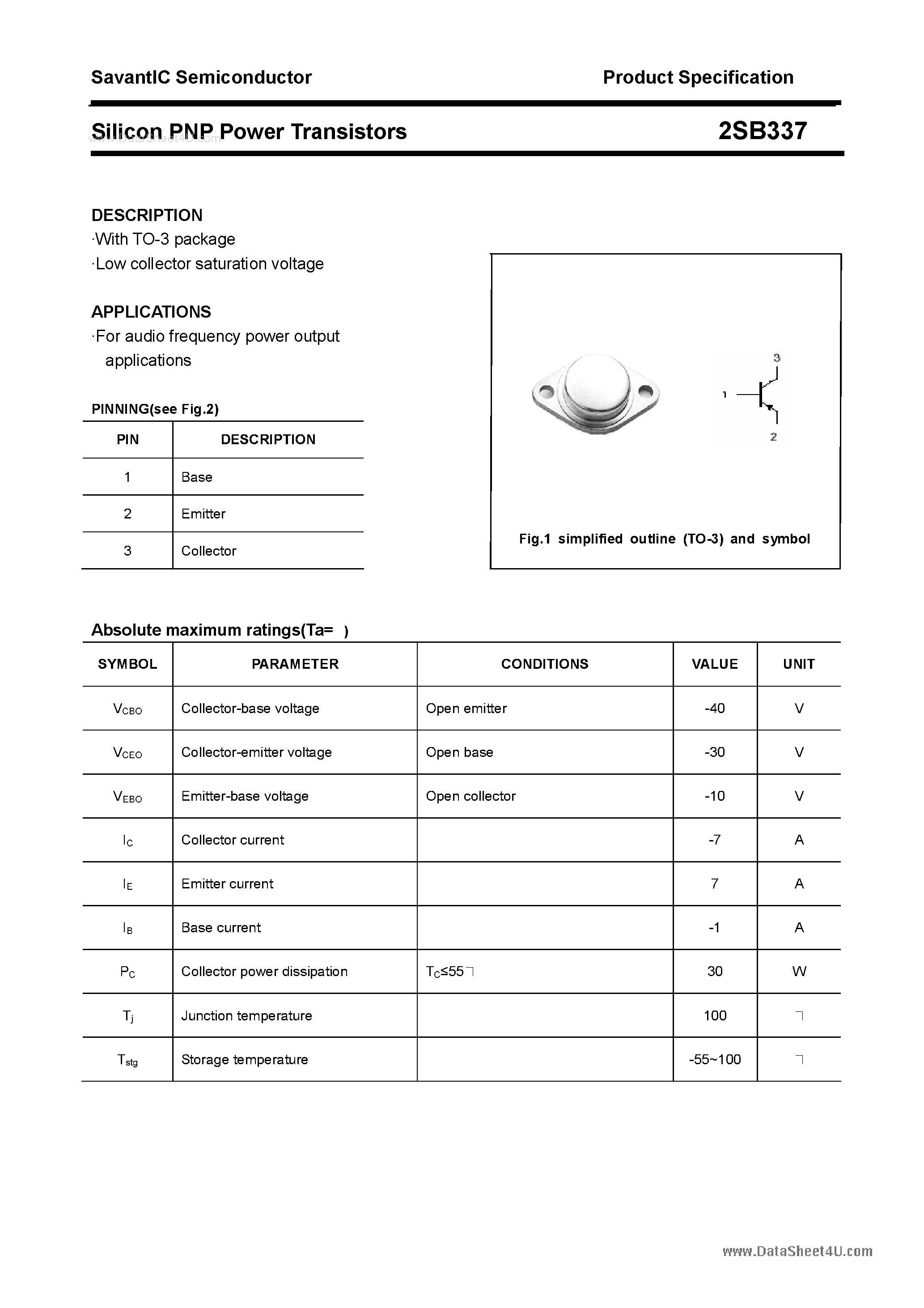 Datasheet 2SB337 - SILICON POWER TRANSISTOR page 1