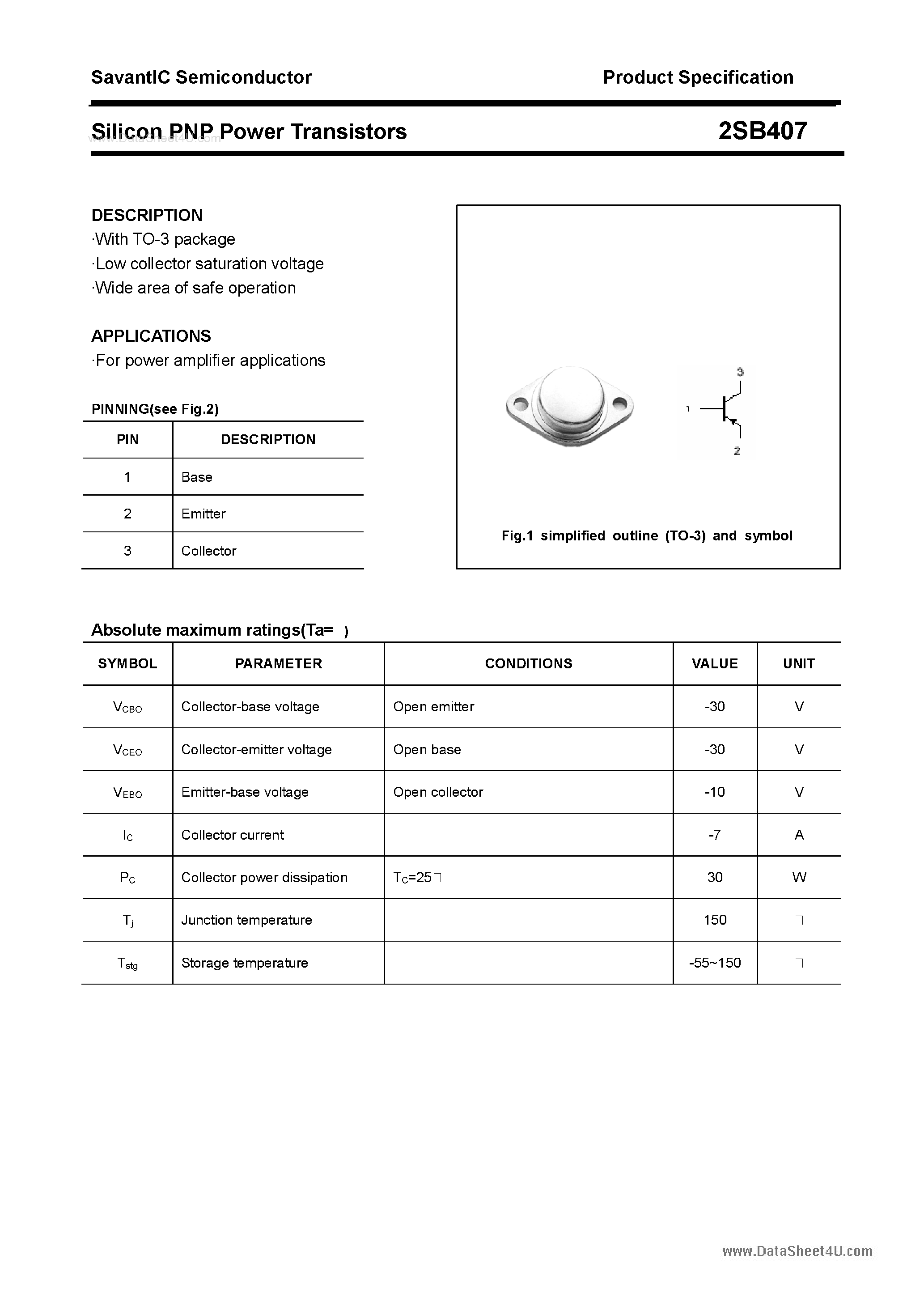 Datasheet 2SB407 page 1 Datasheet 2SB407 - SILICON POWER TRANSISTOR page 1