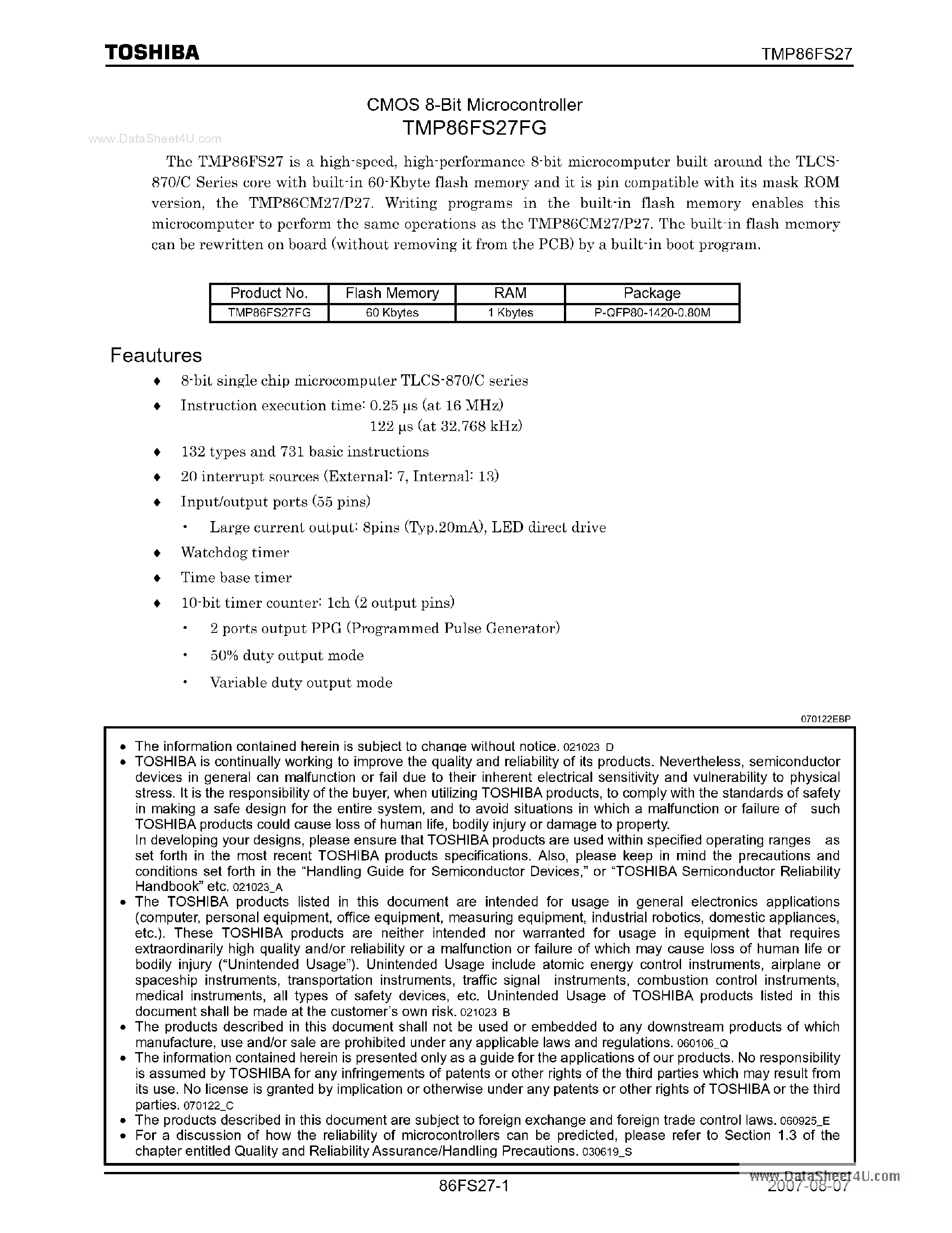 Datasheet TMP86FS27FG - 8-Bit Microcontroller page 1