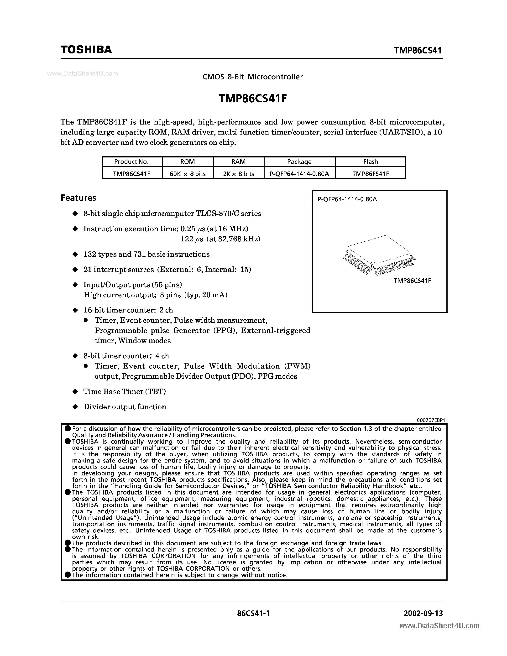 Datasheet TMP86FS41F - 8-Bit Microcontroller page 1
