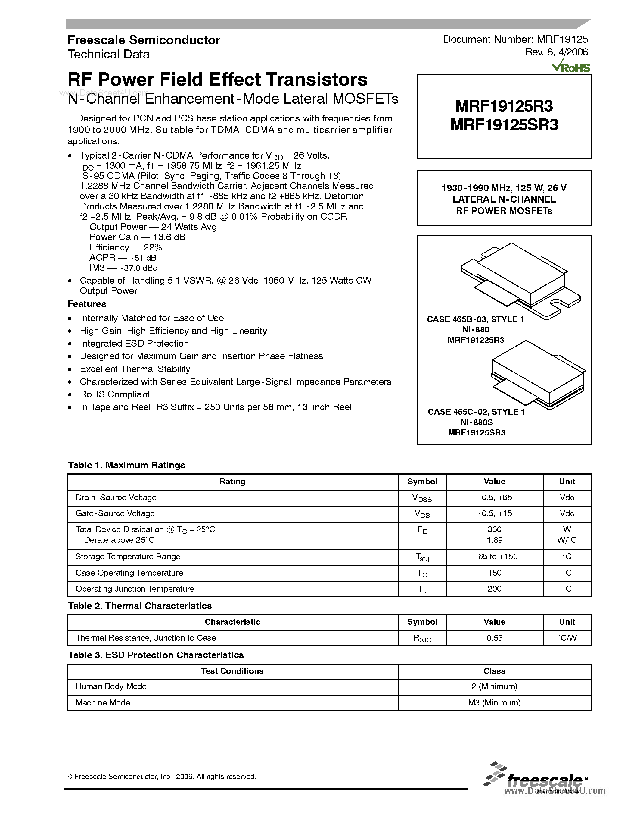 Datasheet MRF19125R3 page 1 Datasheet MRF19125R3 - RF Power Field Effect Transistors page 1