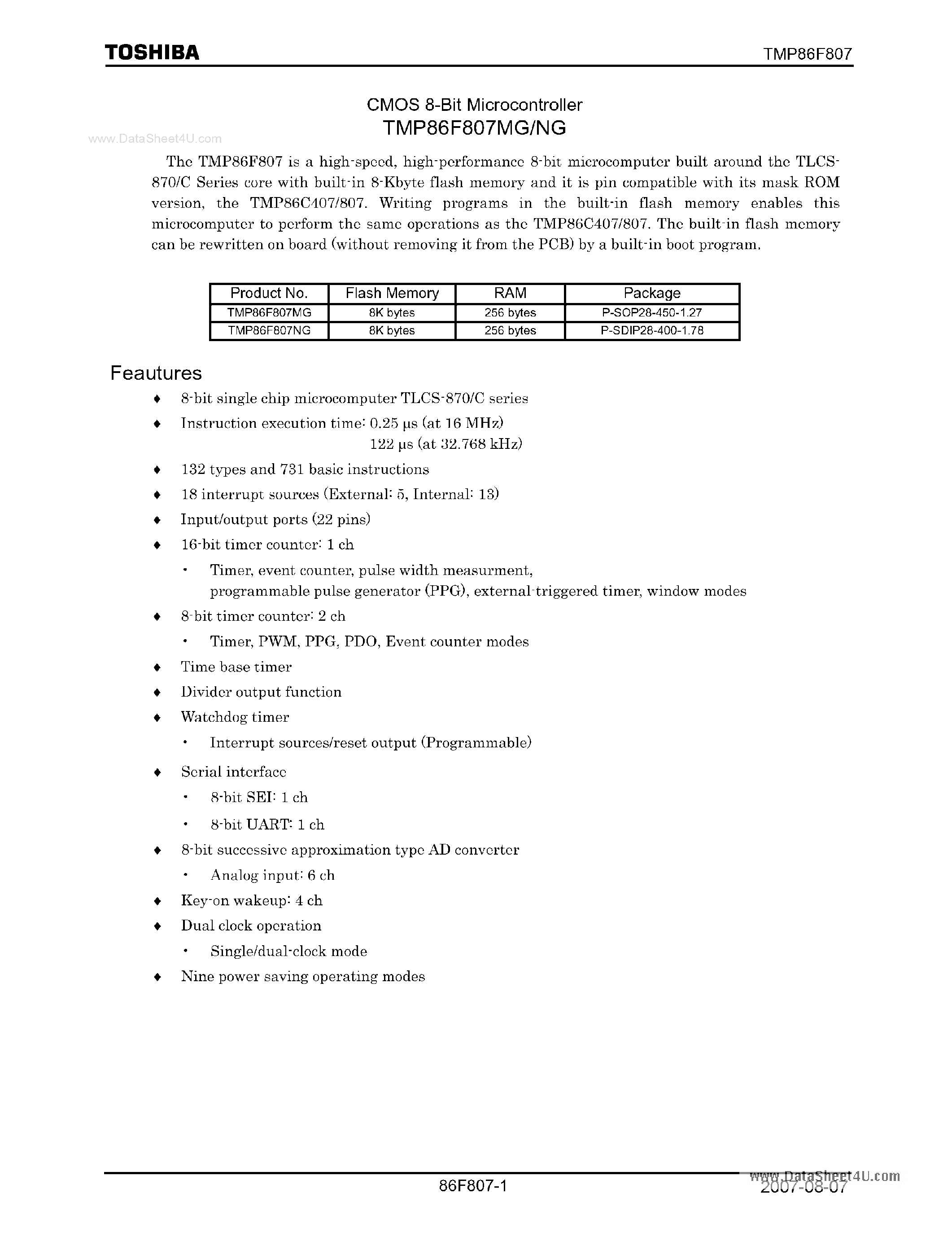 Datasheet TMP86F807MG - 8-Bit Microcontroller page 1