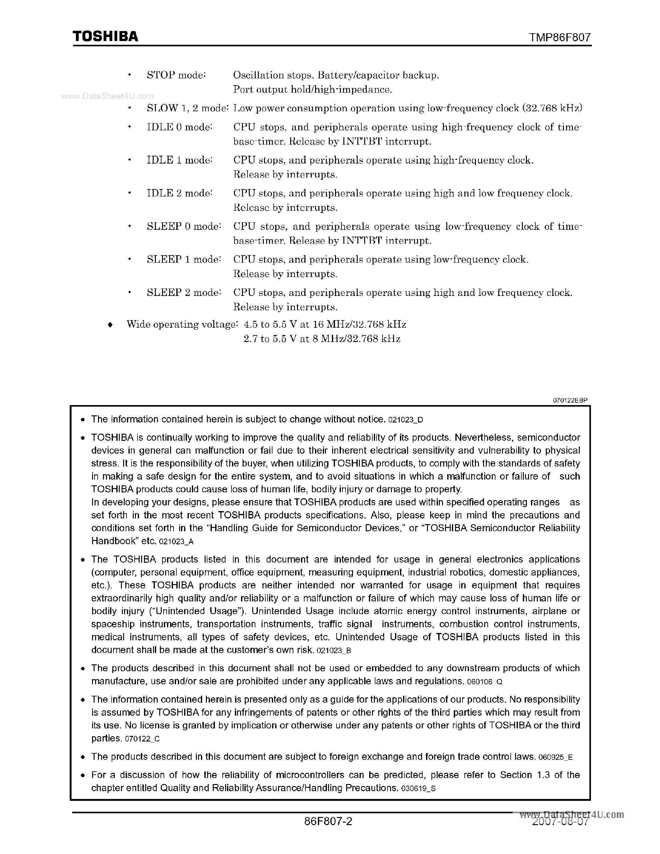 Datasheet TMP86F807MG - 8-Bit Microcontroller page 2