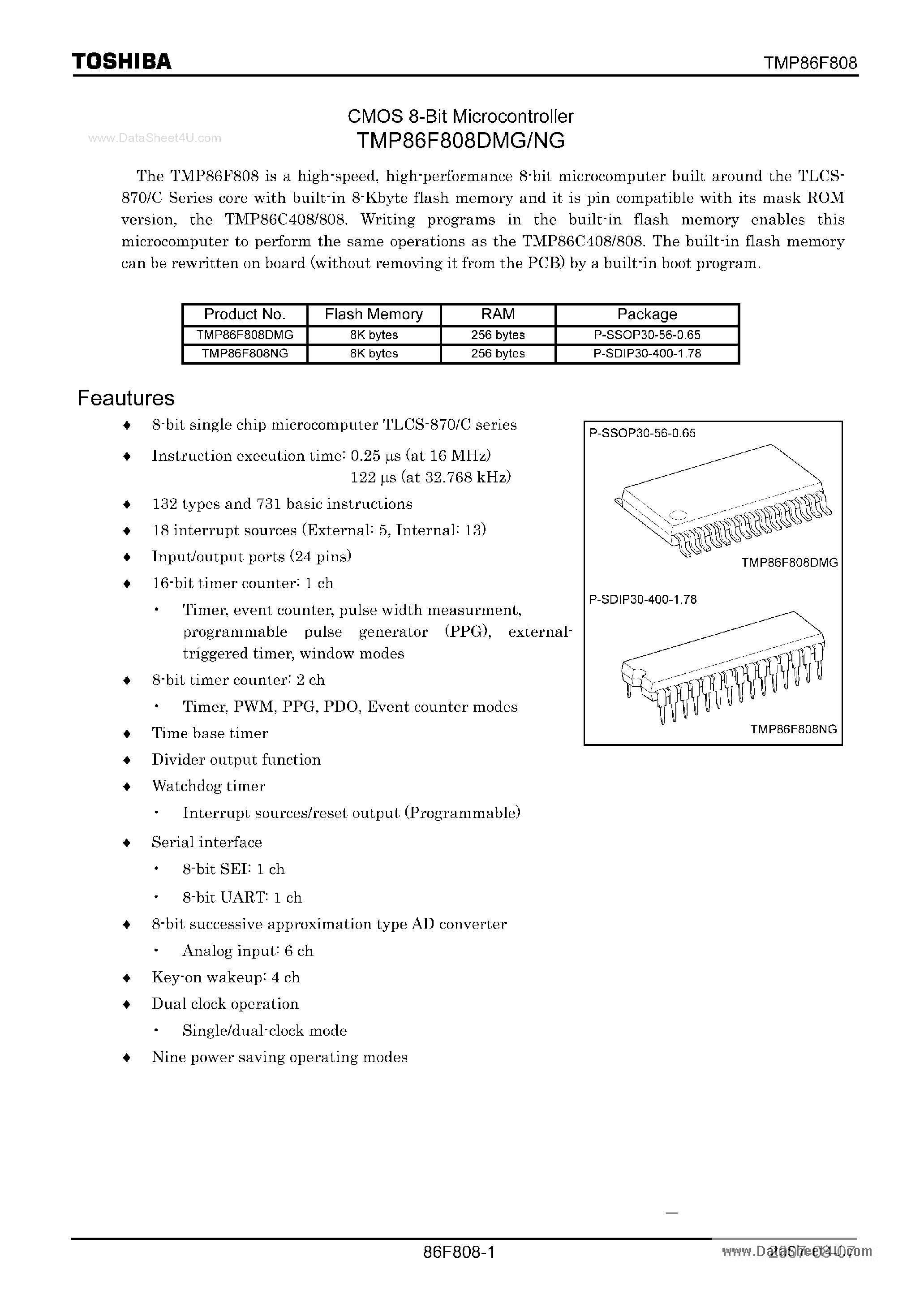 Datasheet TMP86F808DNG - 8-Bit Microcontroller page 1