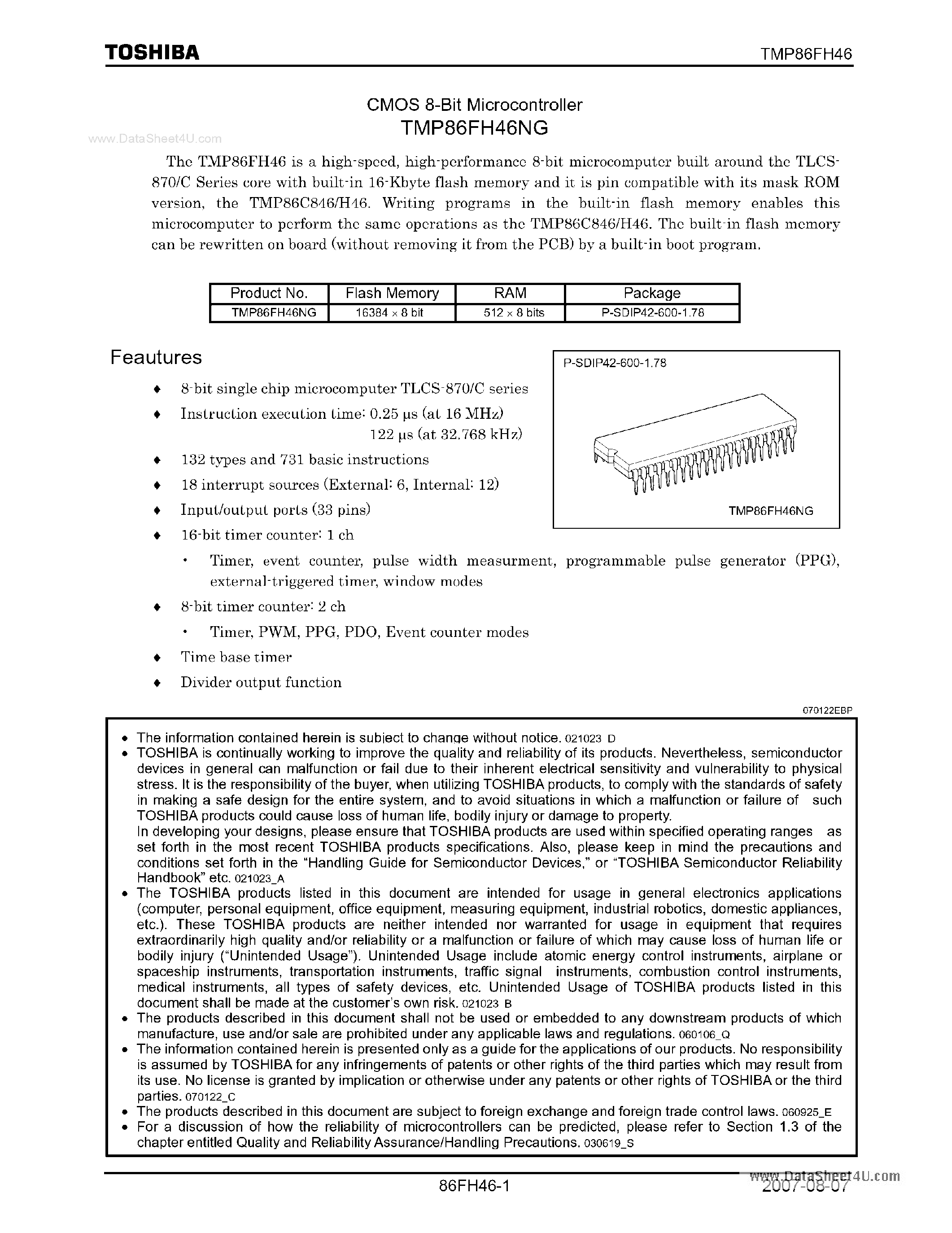 Datasheet TMP86FH46NG - 8-Bit Microcontroller page 1