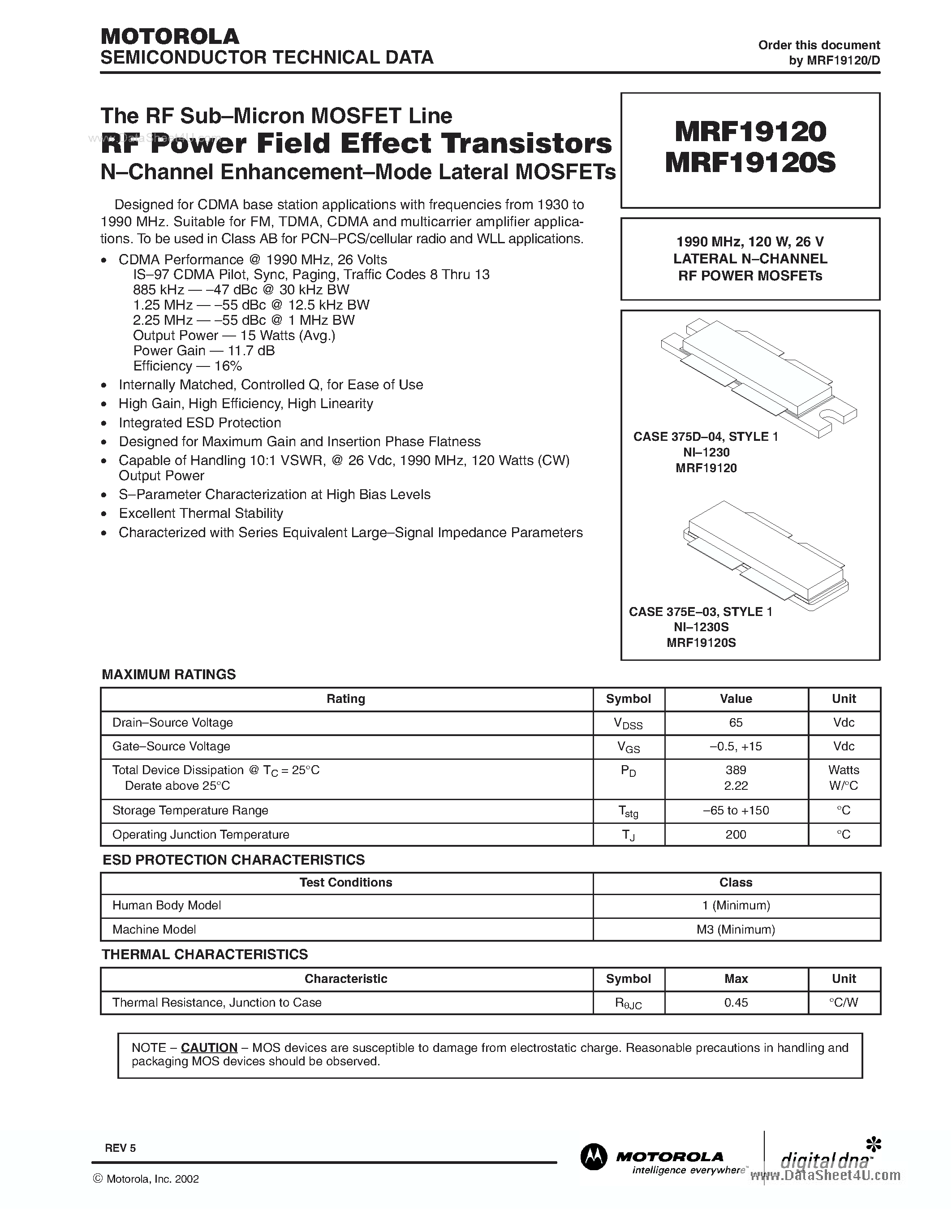 Datasheet MRF19120 page 1 Datasheet MRF19120 - RF POWER FIELD EFFECT TRANSISTORS page 1