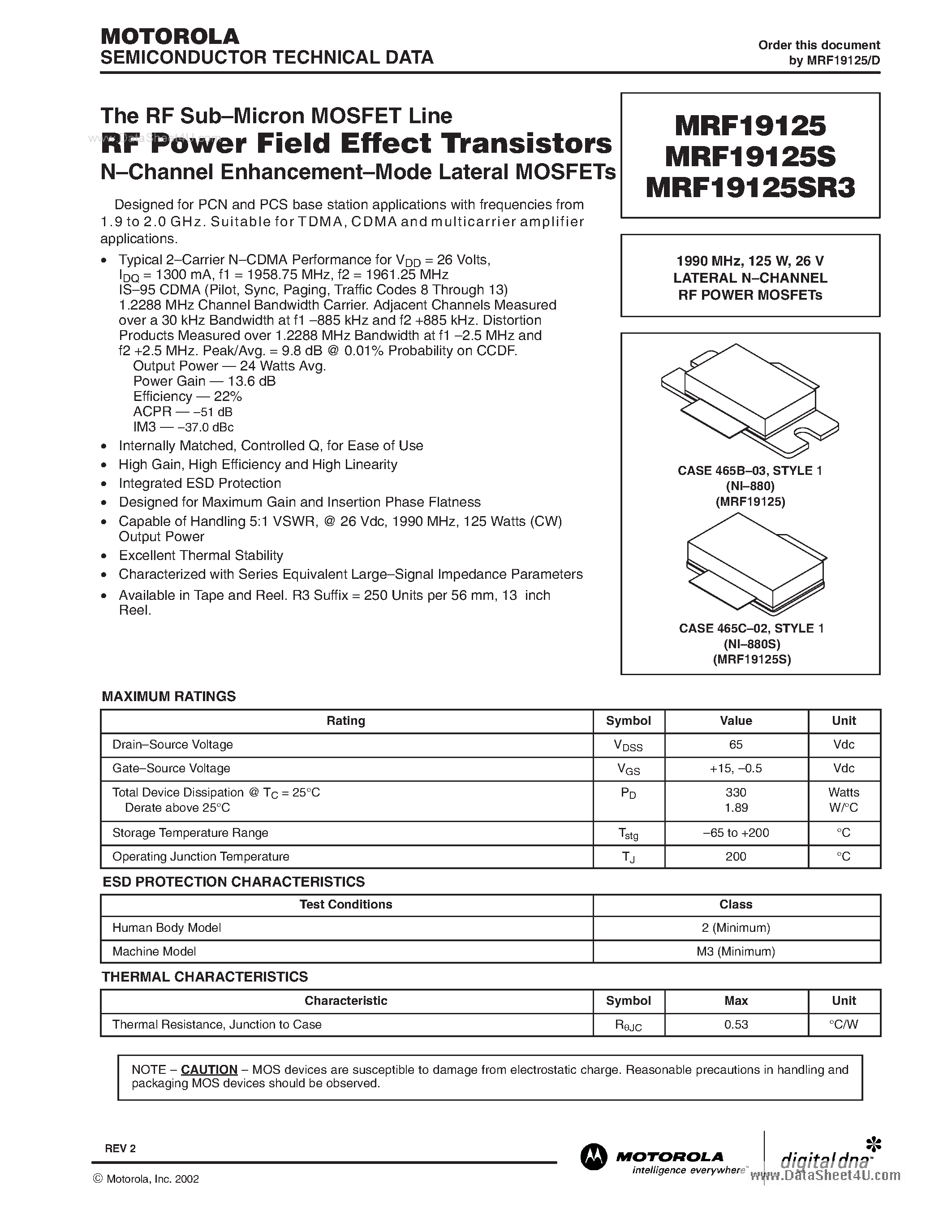 Datasheet MRF19125 - RF Sub-Micron MOSFET Line N-Channel Enhancement-Mode Lateral MOSFETs page 1
