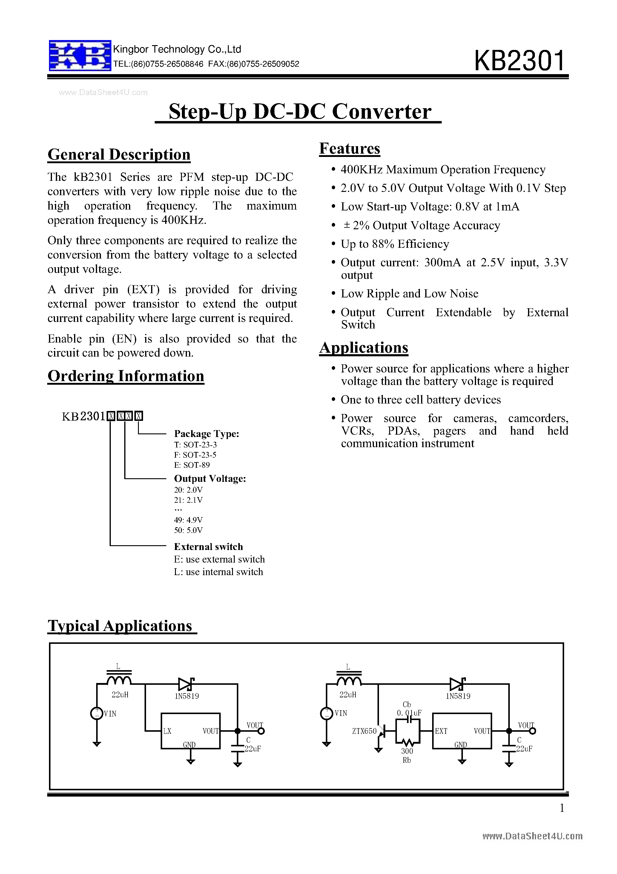 Даташит KB2301 - Step-Up DC-DC Converter страница 1