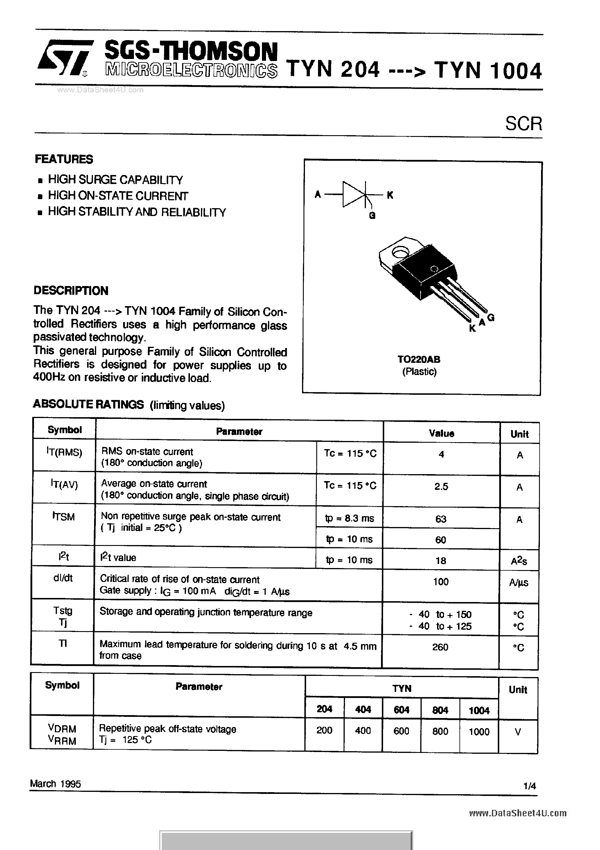 Даташит на микросхему TYN204 страница 1 Даташит TYN204 - Silicon controlled rectifiers страница 1