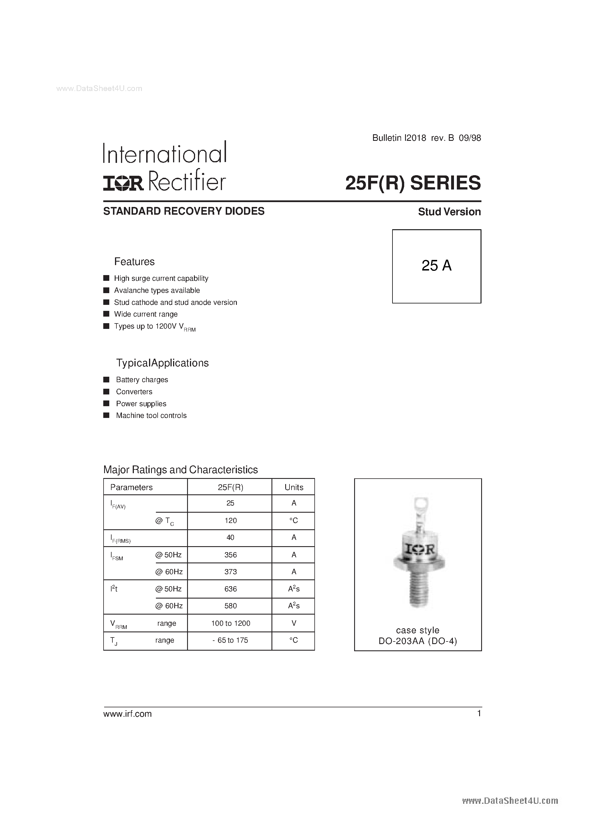 Даташит на микросхему 25F40 страница 1 Даташит 25F40 - STANDARD RECOVERY DIODES страница 1