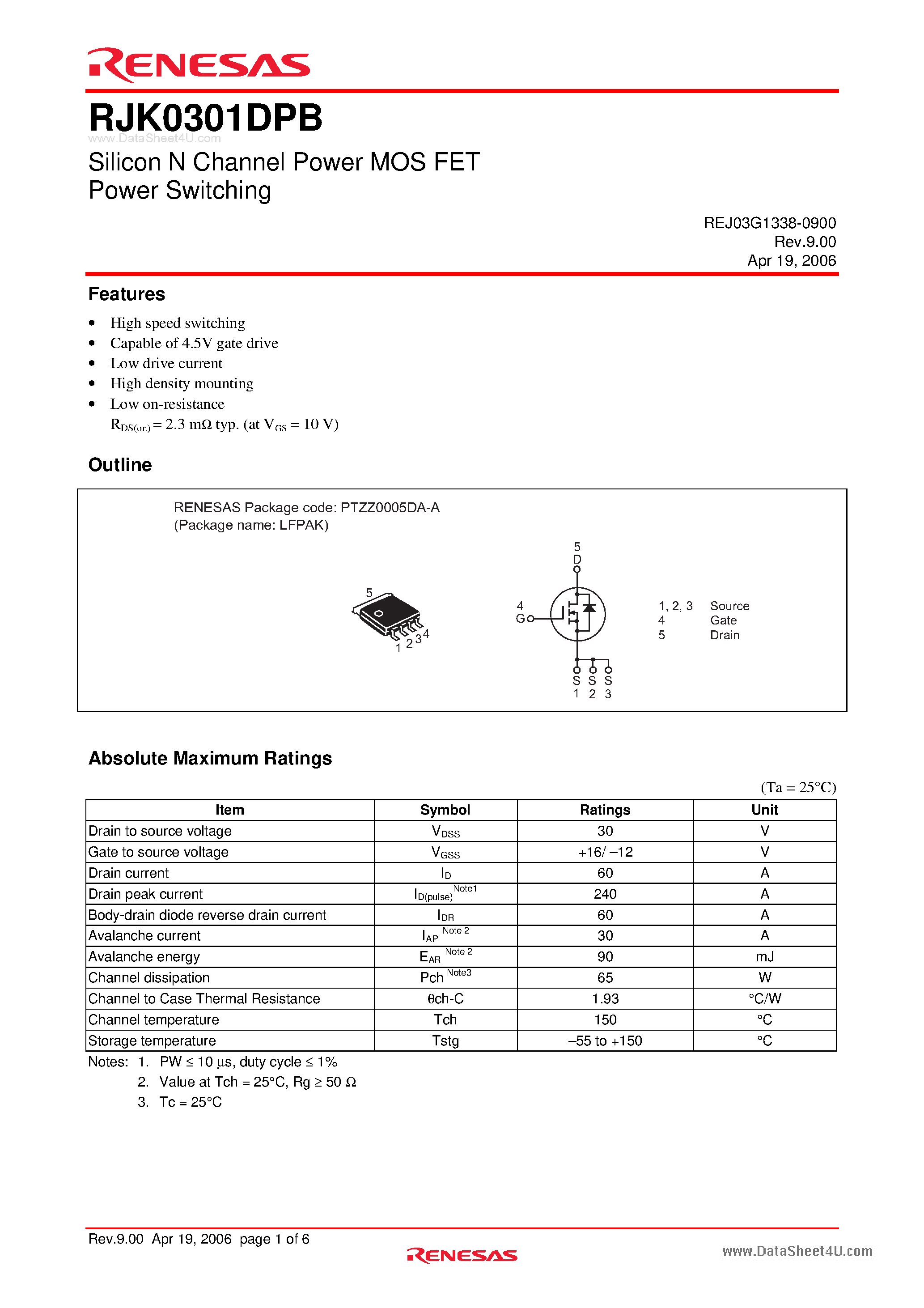 Datasheet RJK0301DPB page 1 Datasheet RJK0301DPB - Silicon N Channel Power MOS FET Power Switching page 1