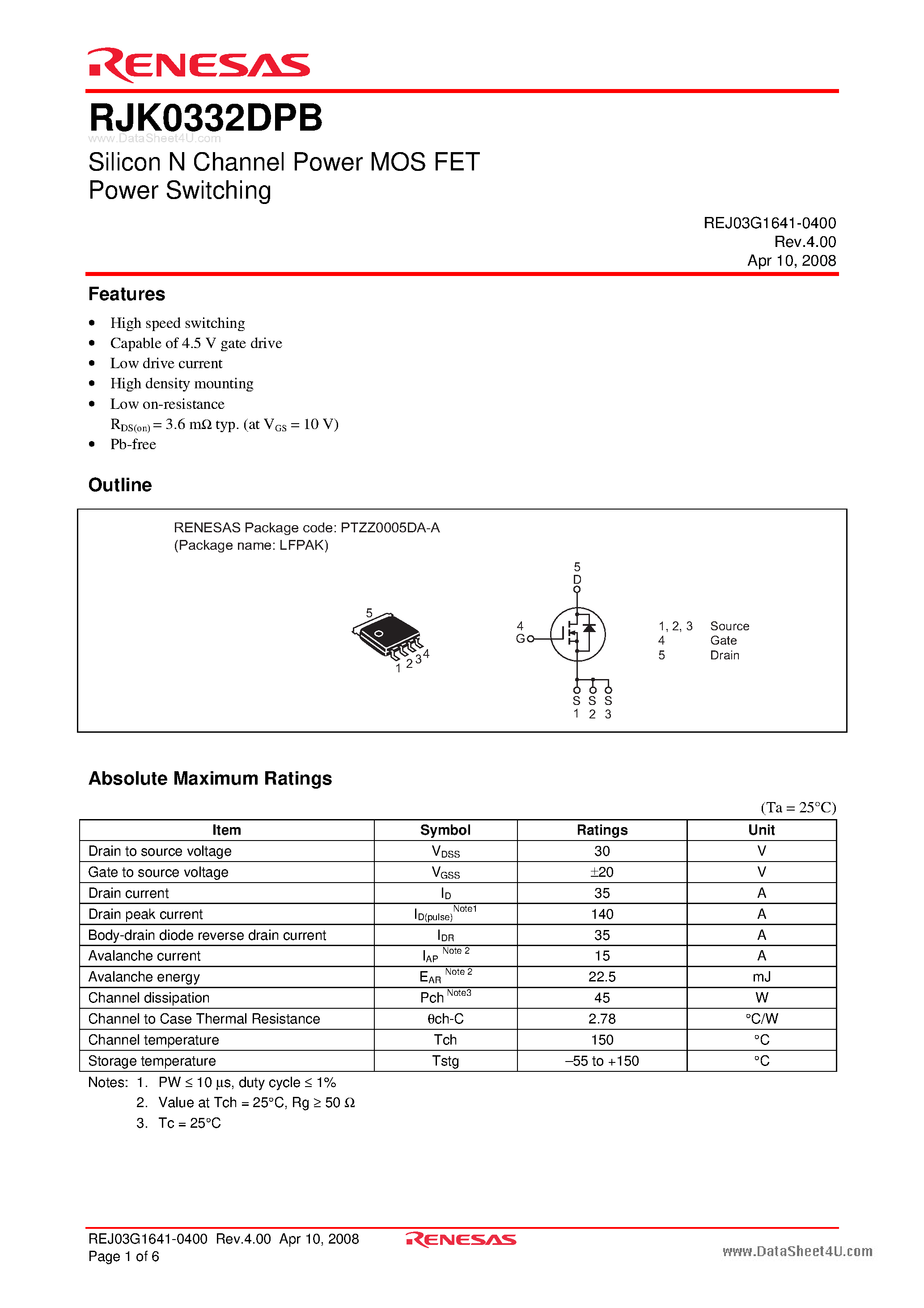 Datasheet RJK0332DPB - Silicon N Channel Power MOS FET Power Switching page 1