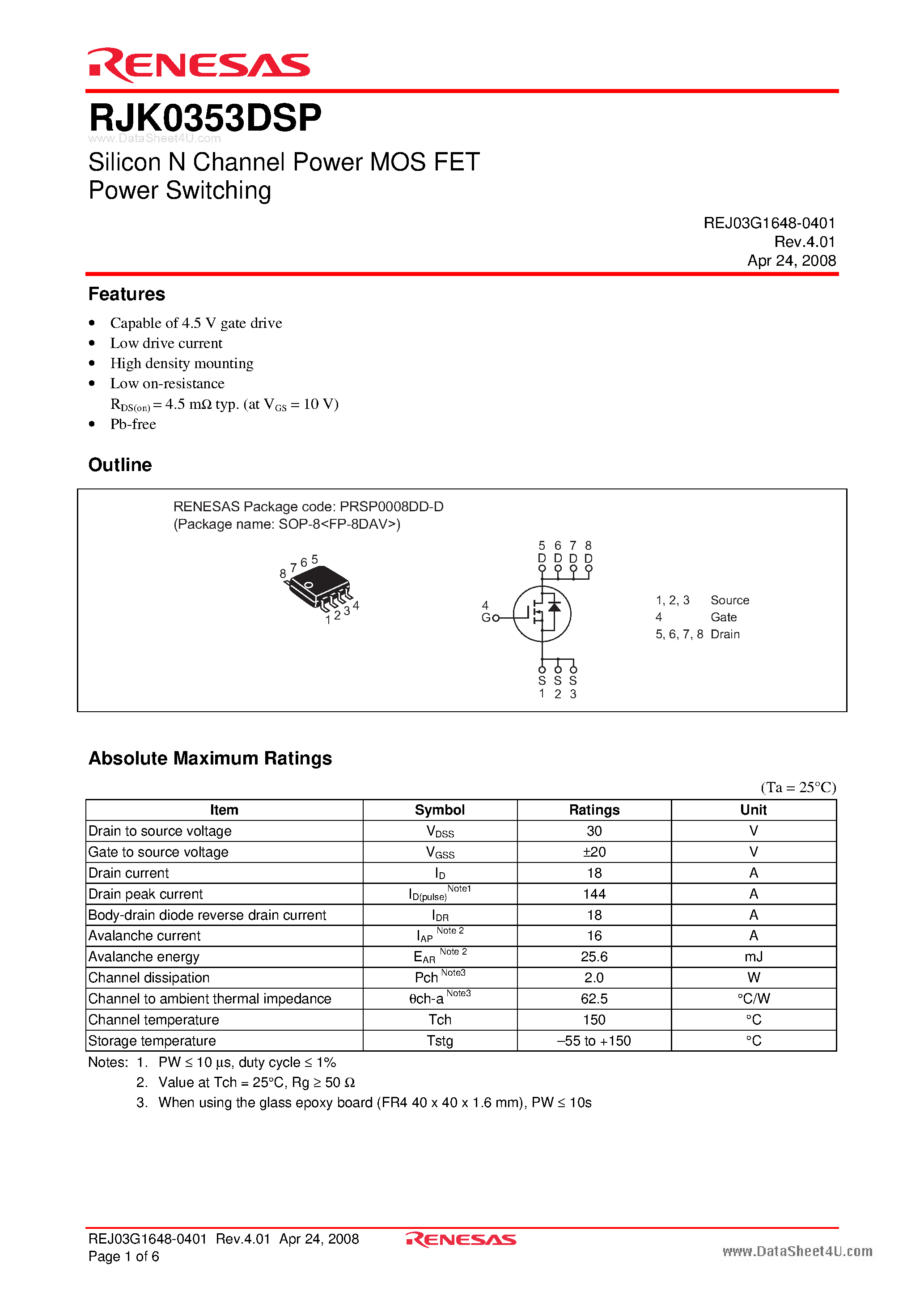 Даташит на микросхему RJK0353DSP страница 1 Даташит RJK0353DSP - Silicon N Channel Power MOS FET Power Switching страница 1