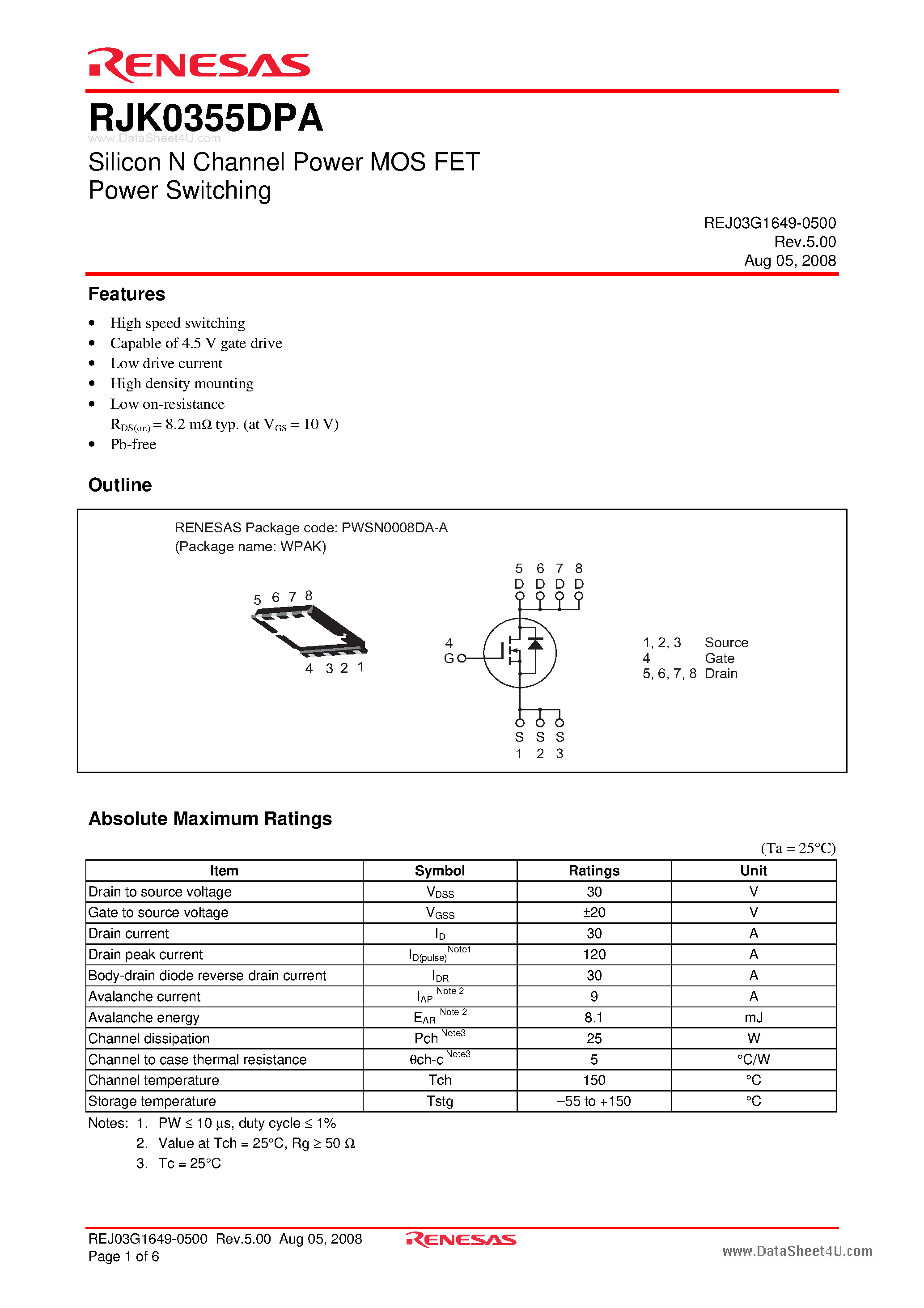 Даташит на микросхему RJK0355DPA страница 1 Даташит RJK0355DPA - Silicon N Channel Power MOS FET Power Switching страница 1
