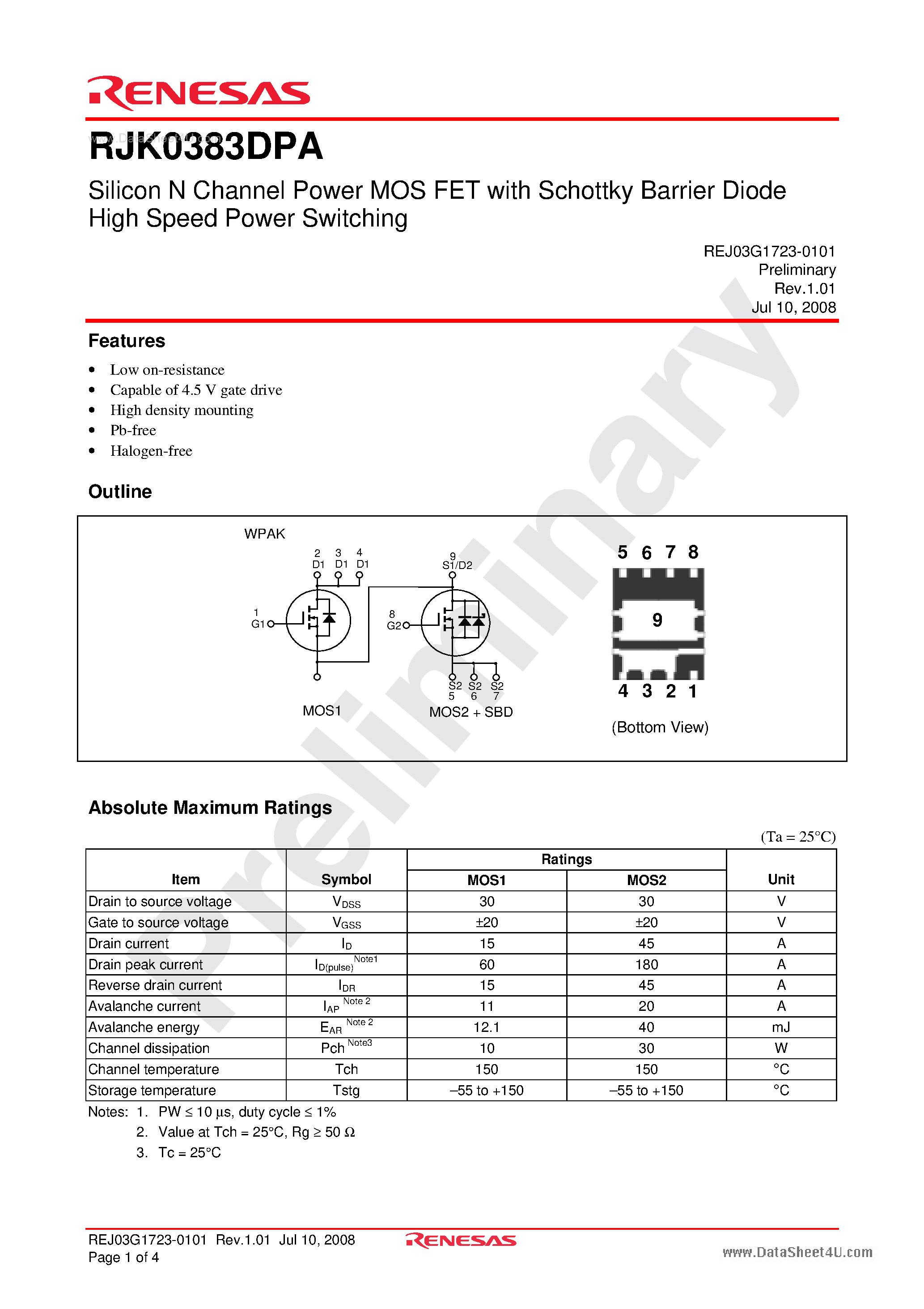 Даташит на микросхему RJK0383DPA страница 1 Даташит RJK0383DPA - Silicon N Channel Power MOS FET Power Switching страница 1