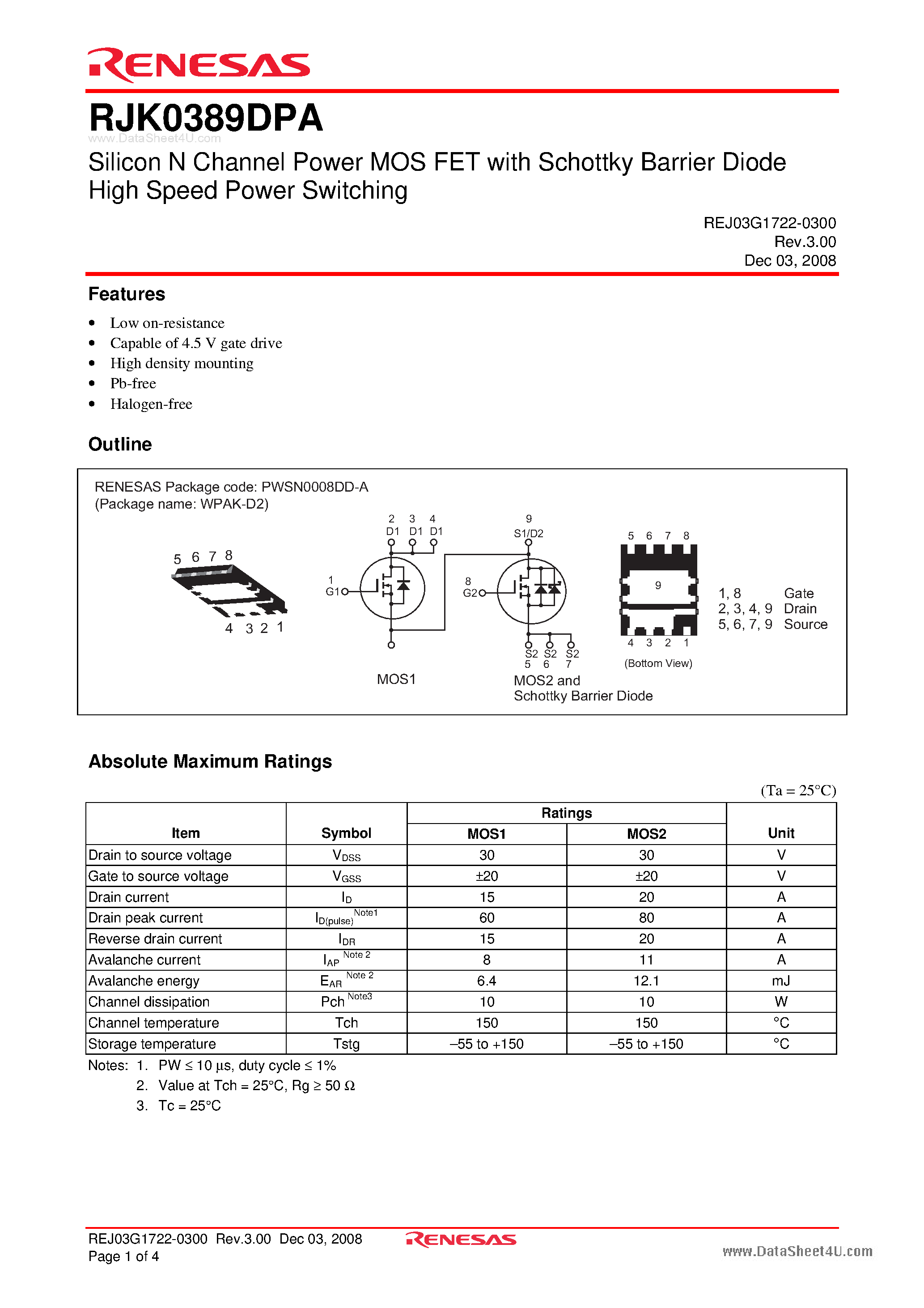 Даташит на микросхему RJK0389DPA страница 1 Даташит RJK0389DPA - Silicon N Channel Power MOS FET Power Switching страница 1