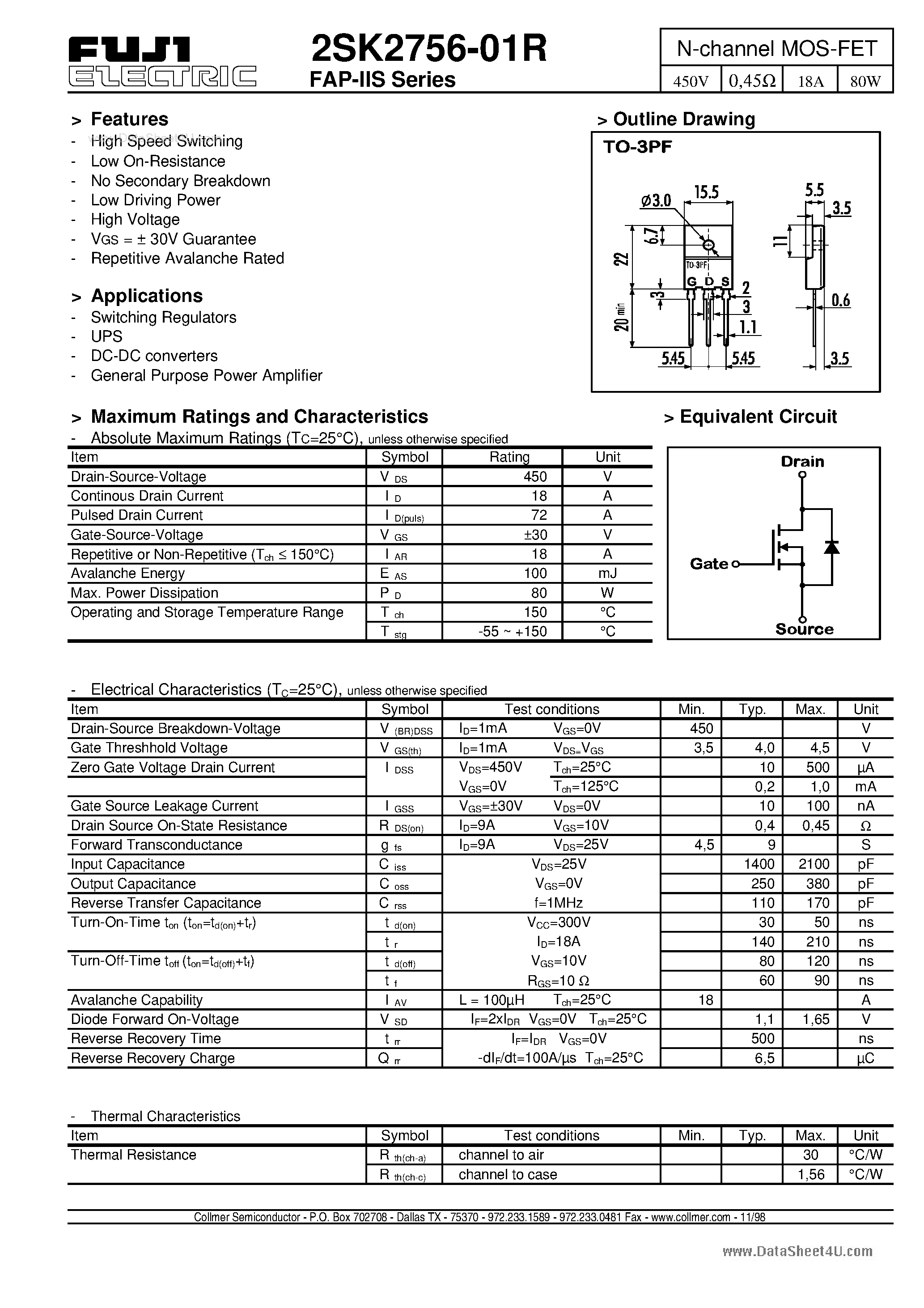 Datasheet K2756-01R - Search -----> 2SK2756-01R page 1